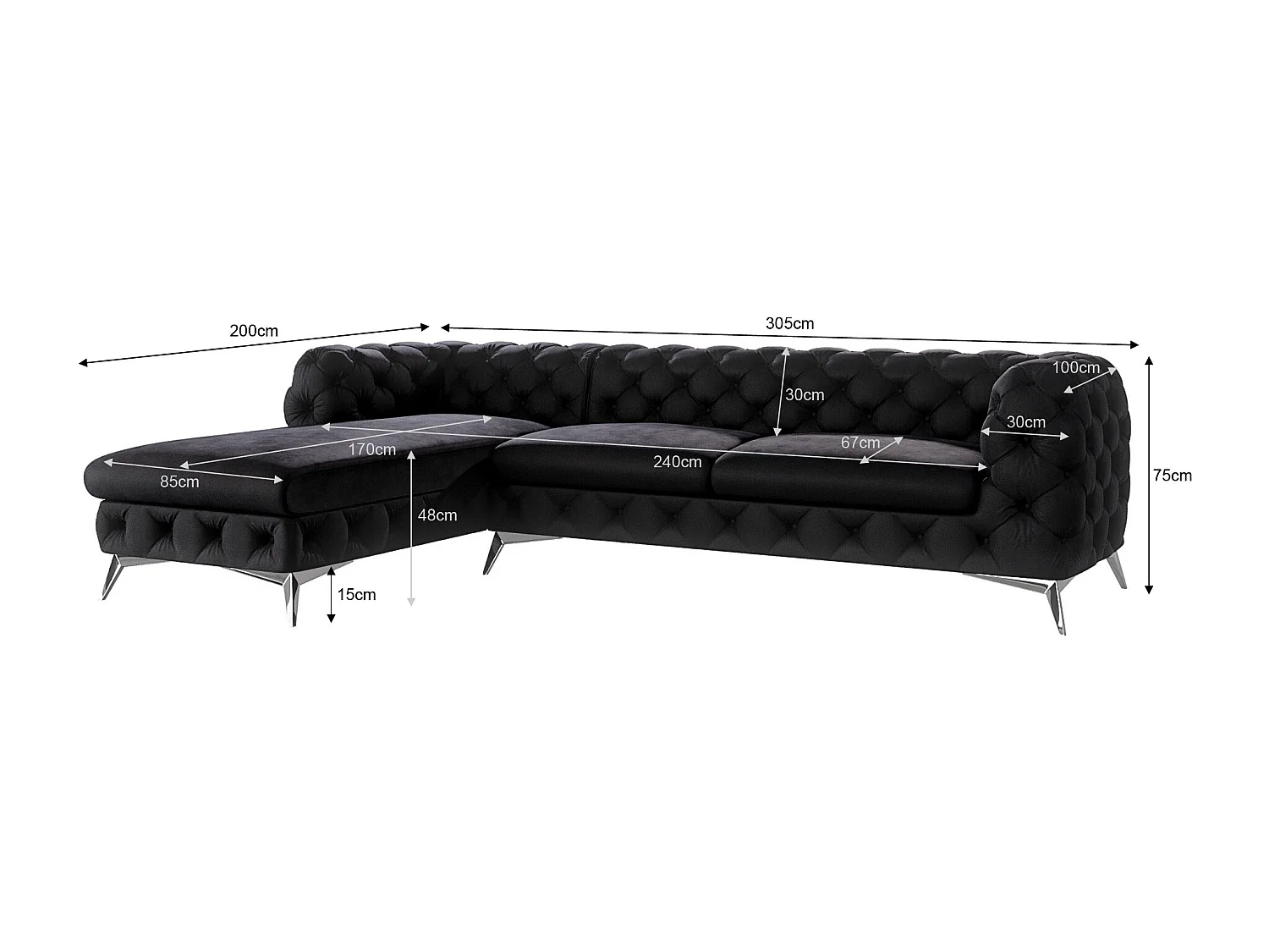 Ecksofa mit Ottomane Chesterfield Celeste mit Silber Metall Füßen