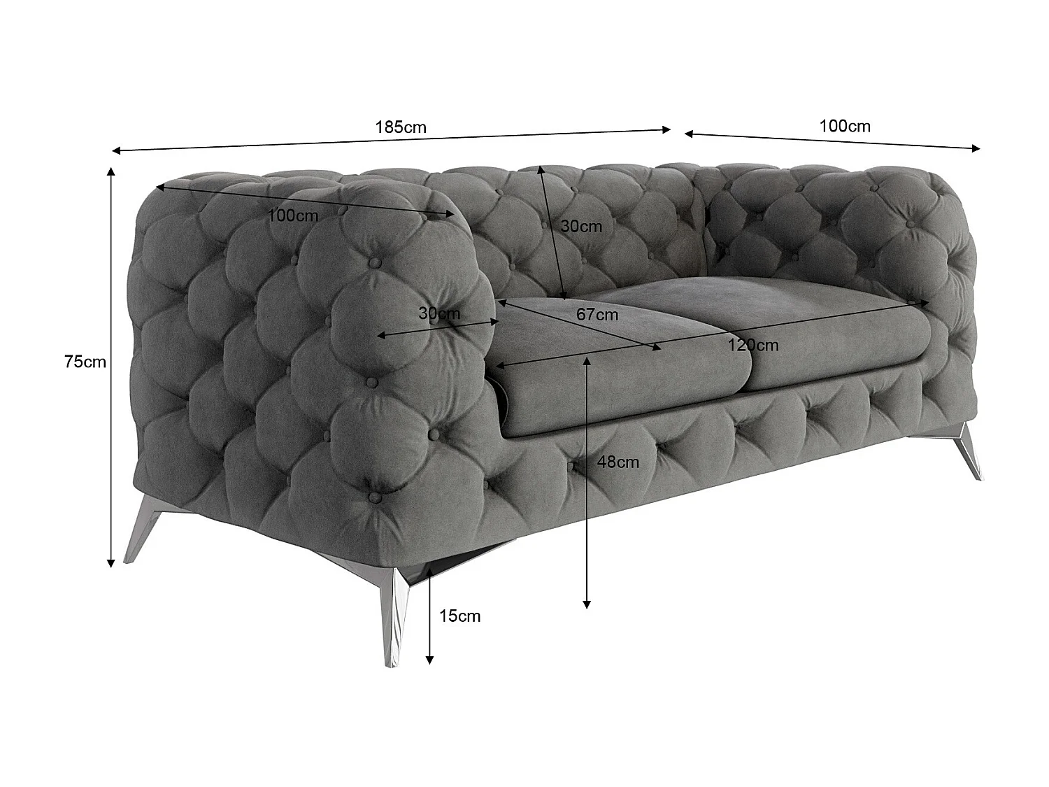 Celeste 2-Sitzer Chesterfield Sofa mit Silber Metall Füßen