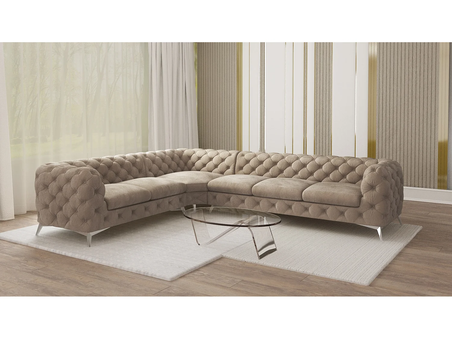 Ecksofa Chesterfield Celeste mit Silber Metall Füßen