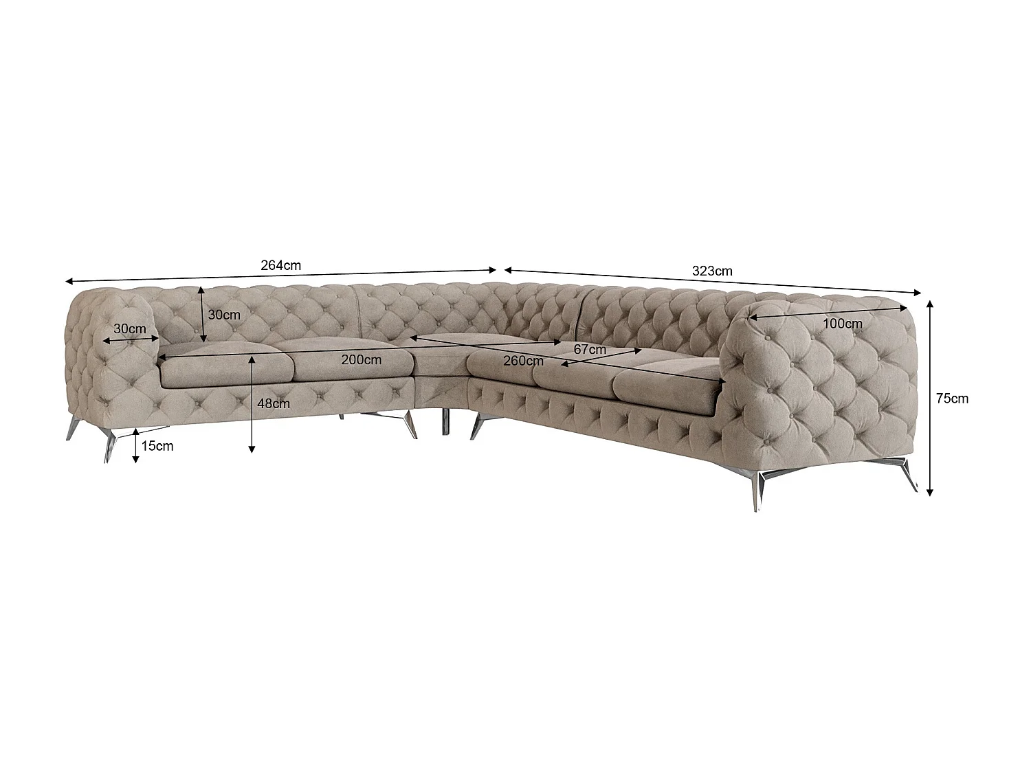 Ecksofa Chesterfield Celeste mit Silber Metall Füßen