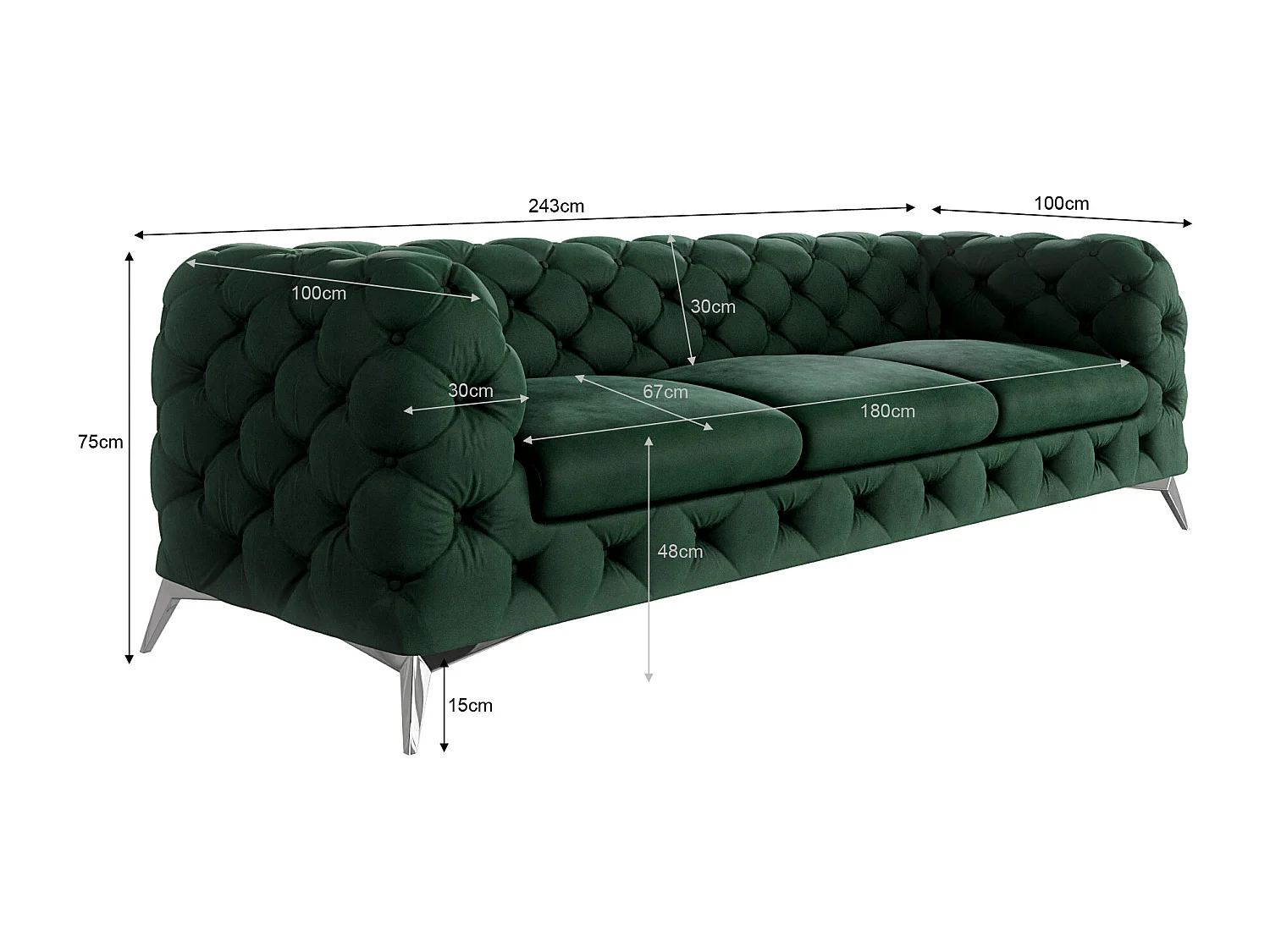 Celeste 3-Sitzer Chesterfield Sofa mit Silber Metall Füßen