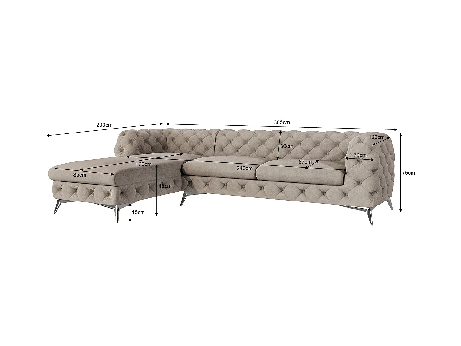 Ecksofa mit Ottomane Chesterfield Celeste mit Silber Metall Füßen