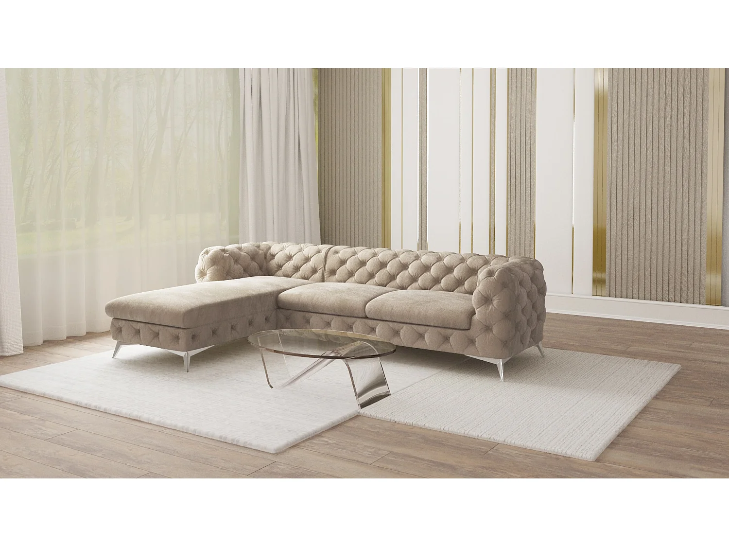 Ecksofa mit Ottomane Chesterfield Celeste mit Silber Metall Füßen