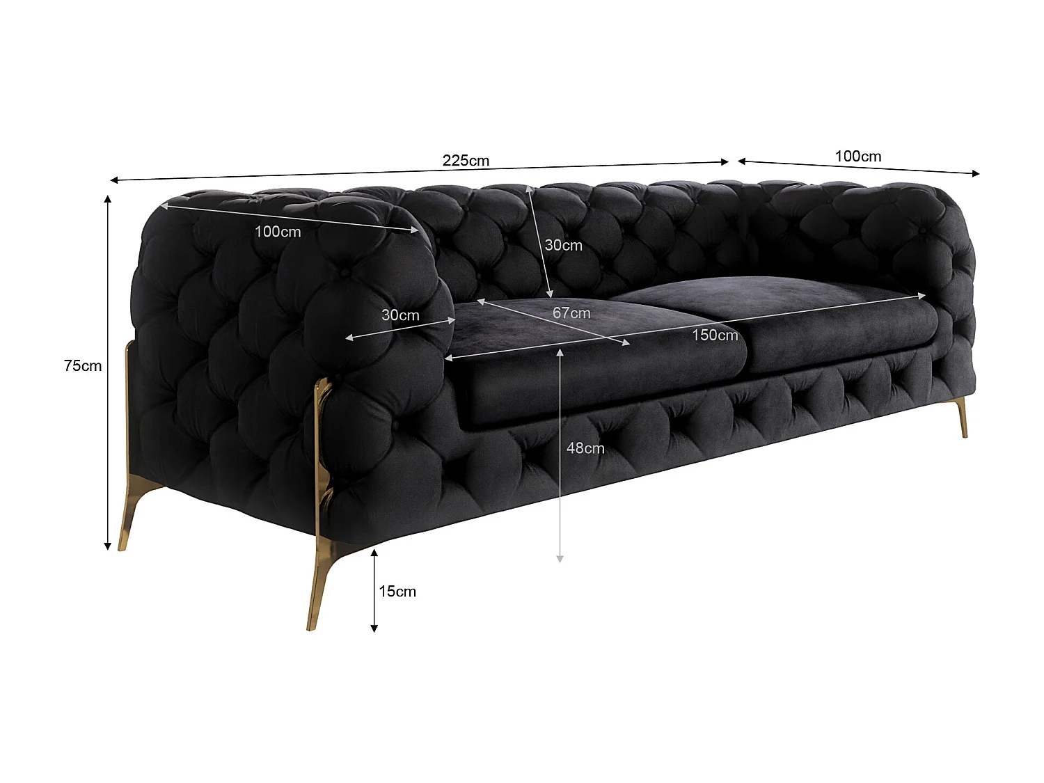 Chesterfield Sofa 3-Sitzer Ulysses mit Goldene Metall Füßen
