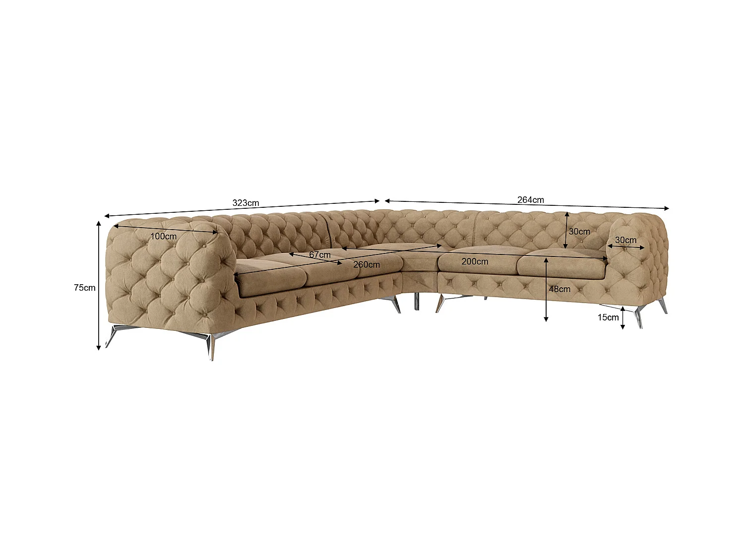 Ecksofa Chesterfield Celeste mit Silber Metall Füßen