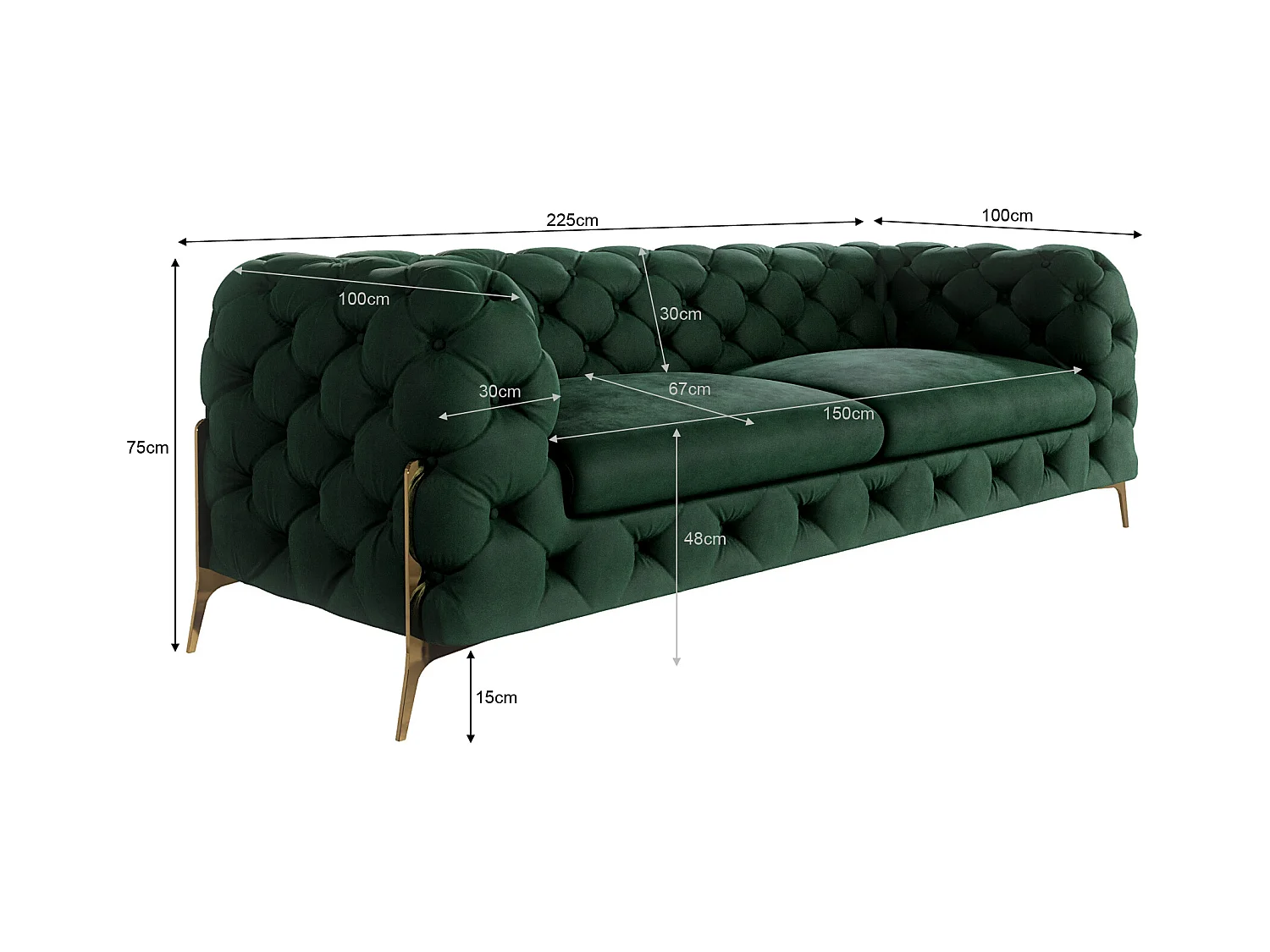 Ulysses 3-Sitzer Chesterfield Sofa mit Goldene Metall Füßen