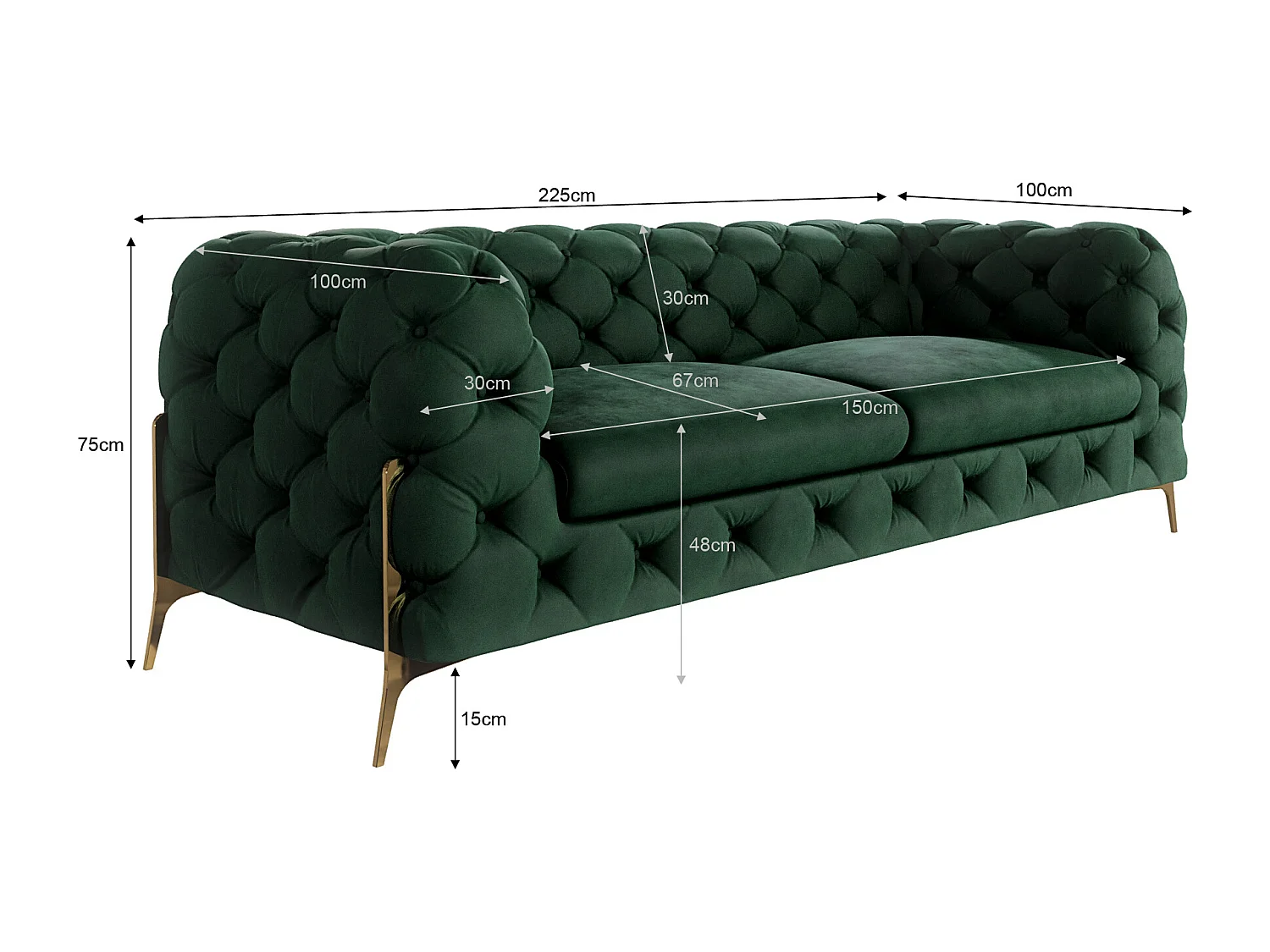 Ulysses 3-Sitzer Chesterfield Sofa mit Goldene Metall Füßen