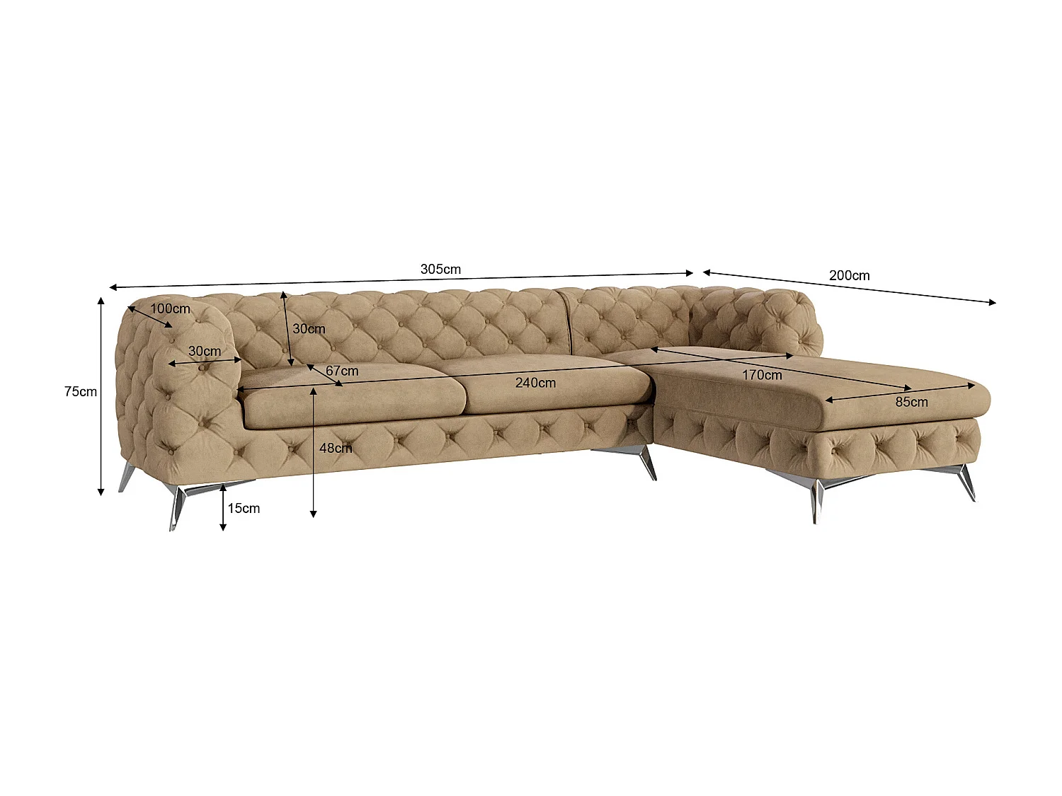 Ecksofa mit Ottomane Chesterfield Celeste mit Silber Metall Füßen