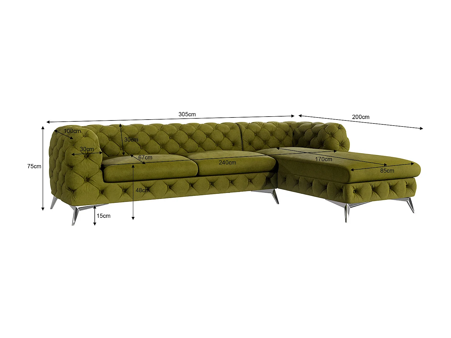 Ecksofa mit Ottomane Chesterfield Celeste mit Silber Metall Füßen