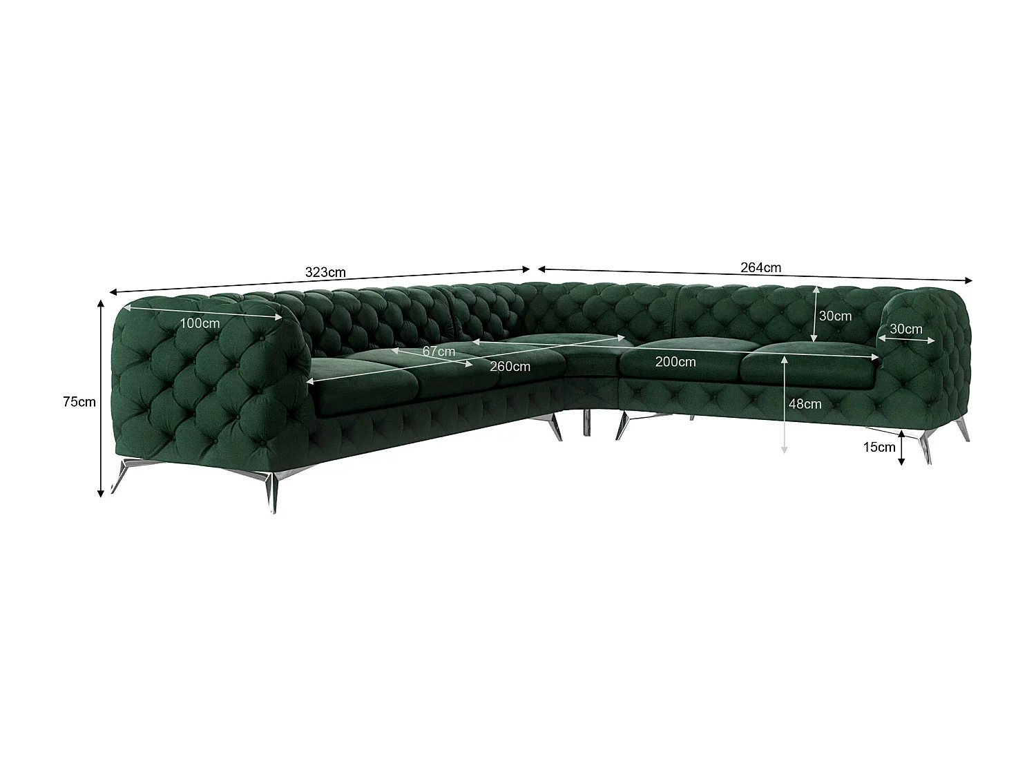 Ecksofa Chesterfield Celeste mit Silber Metall Füßen