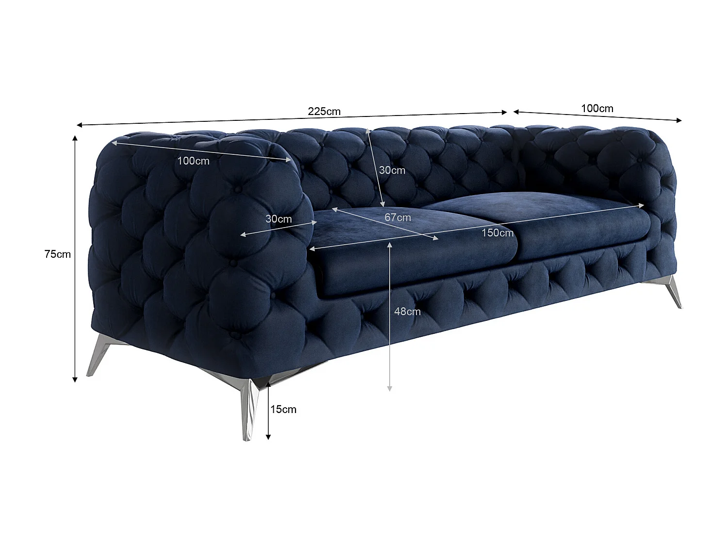 Celeste 3-Sitzer Chesterfield Sofa mit Silber Metall Füßen