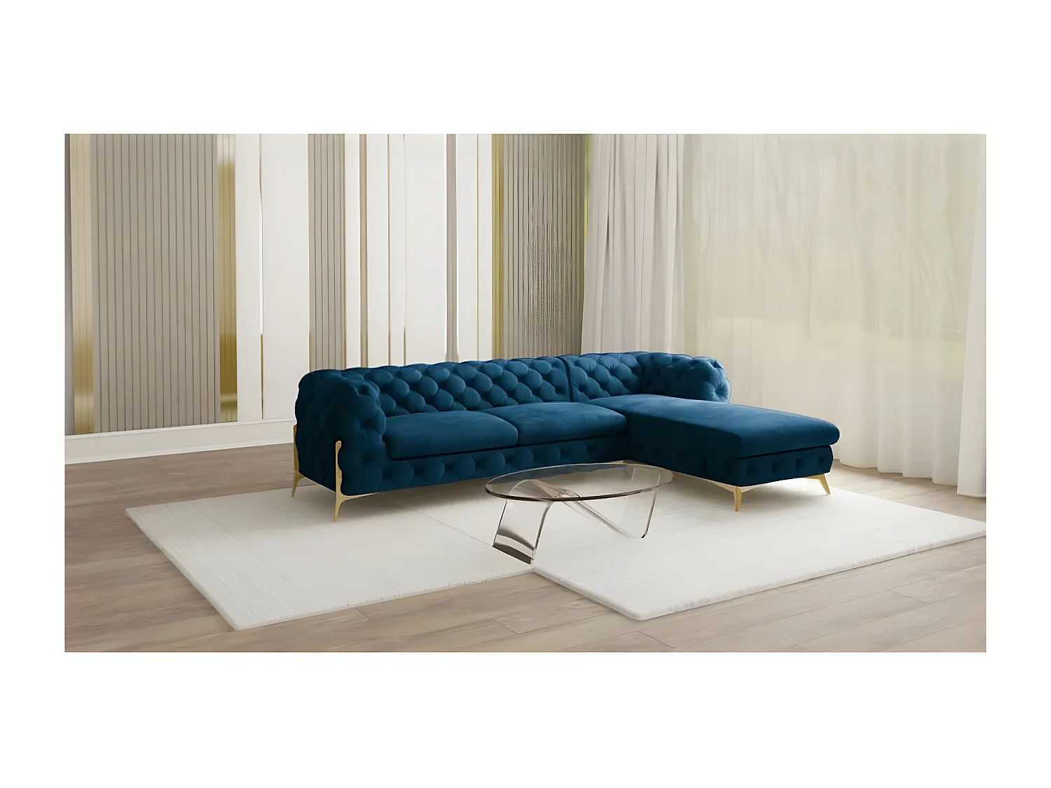 Ecksofa mit Ottomane Chesterfield Ulysses mit Goldene Metall Füßen