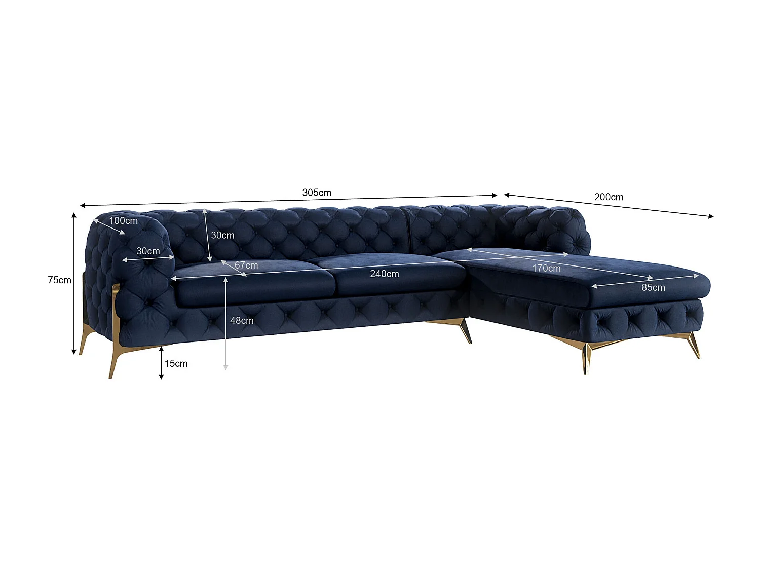 Ecksofa mit Ottomane Chesterfield Ulysses mit Goldene Metall Füßen