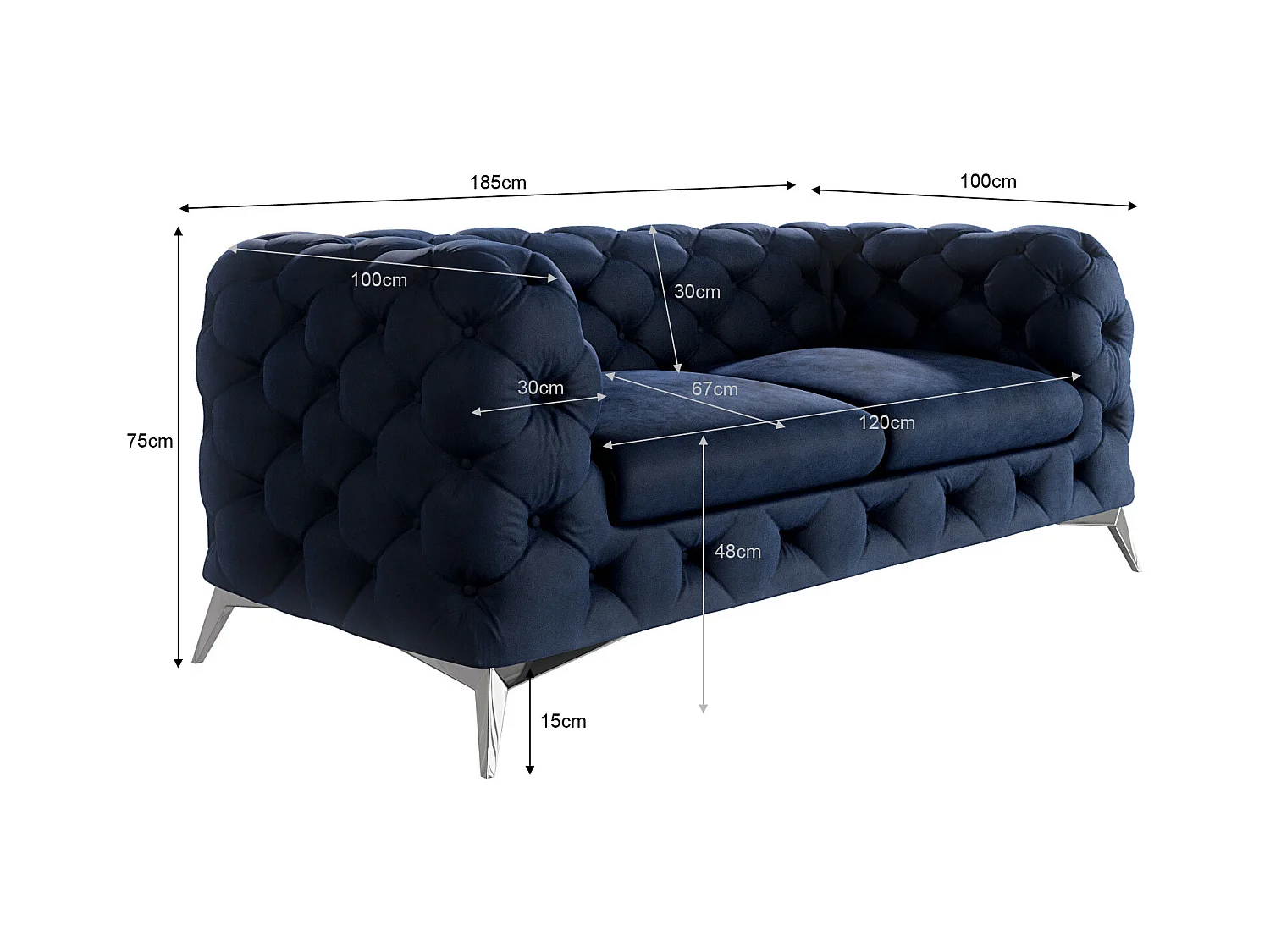 Celeste 2-Sitzer Chesterfield Sofa mit Silber Metall Füßen