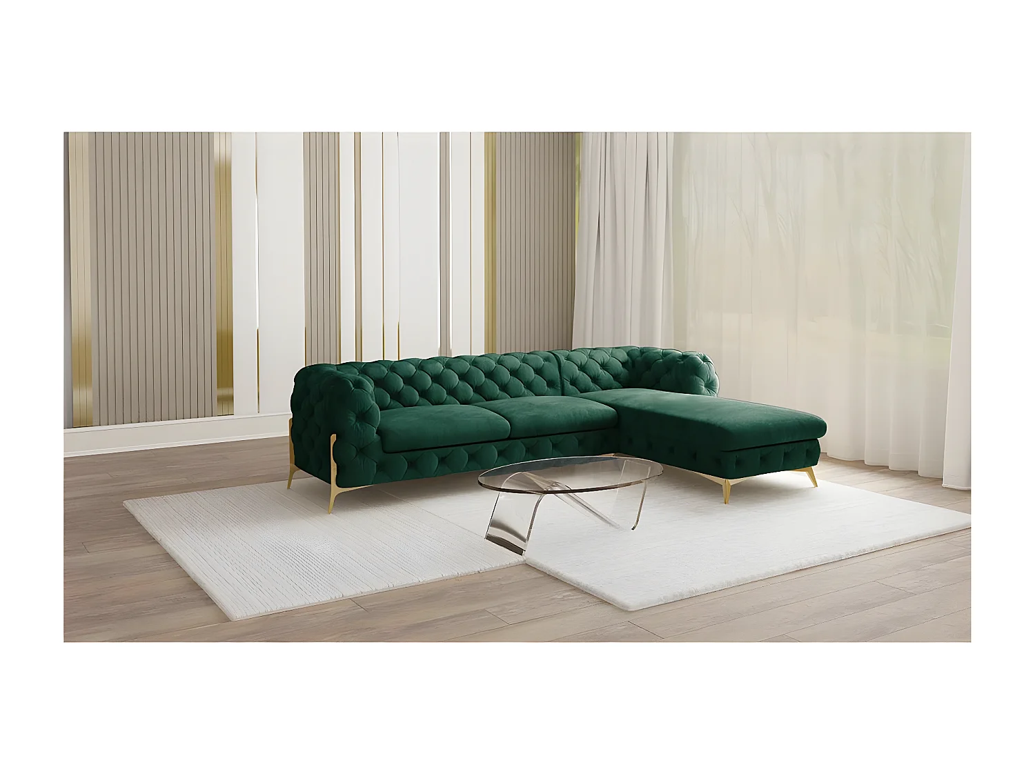 Ecksofa mit Ottomane Chesterfield Ulysses mit Goldene Metall Füßen