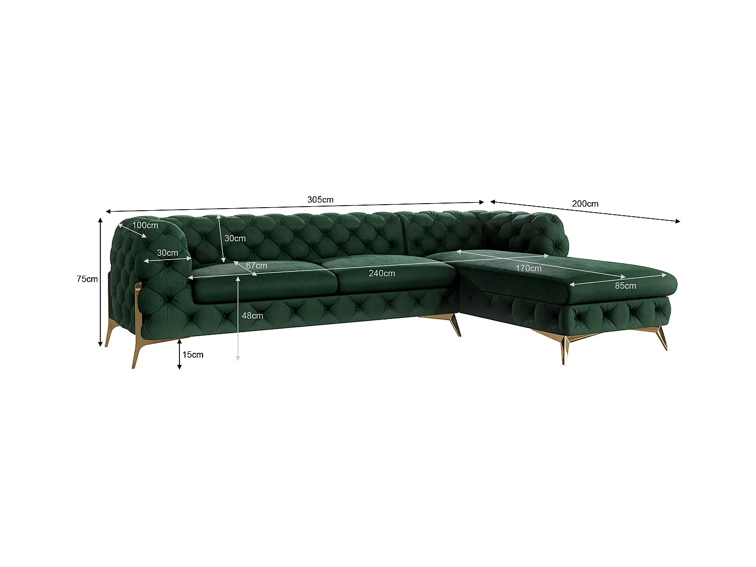 Ecksofa mit Ottomane Chesterfield Ulysses mit Goldene Metall Füßen