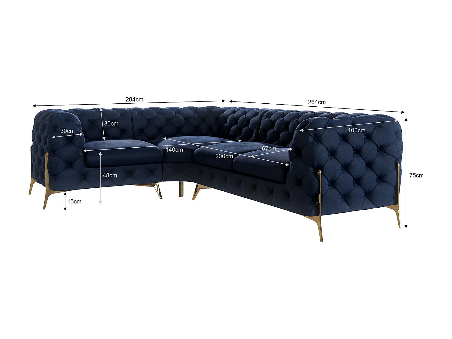 Ecksofa Chesterfield Ulysses mit Goldene Metall Füßen