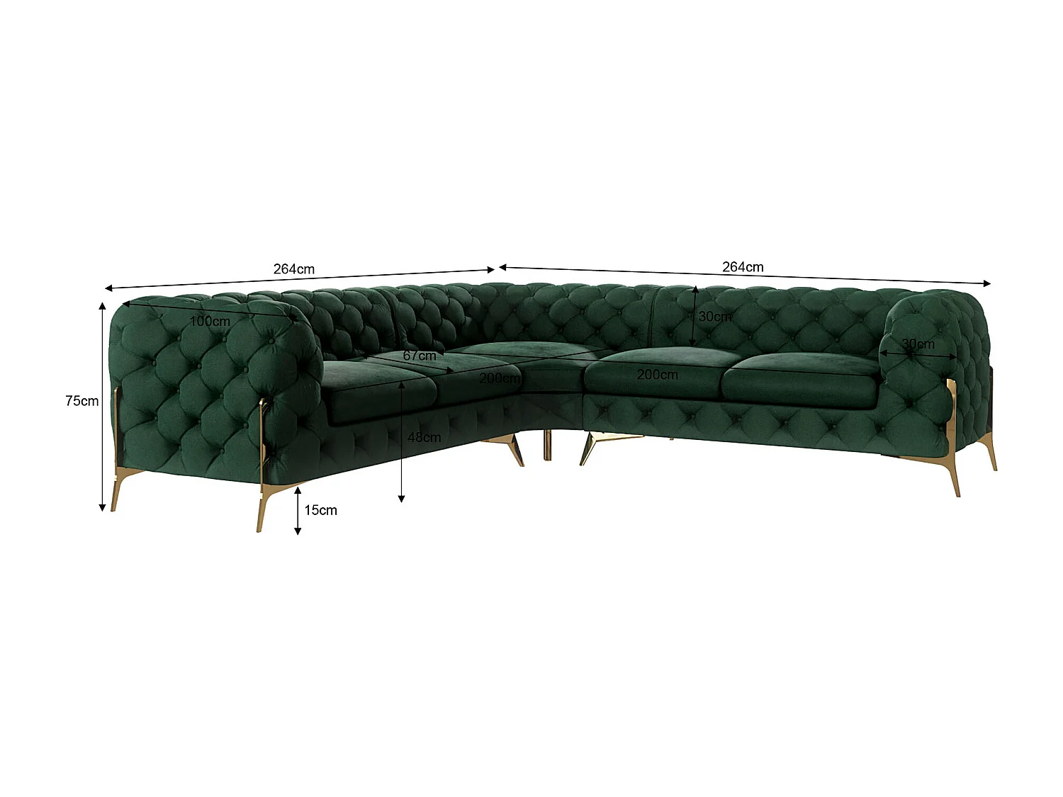 Ecksofa Chesterfield Ulysses mit Goldene Metall Füßen