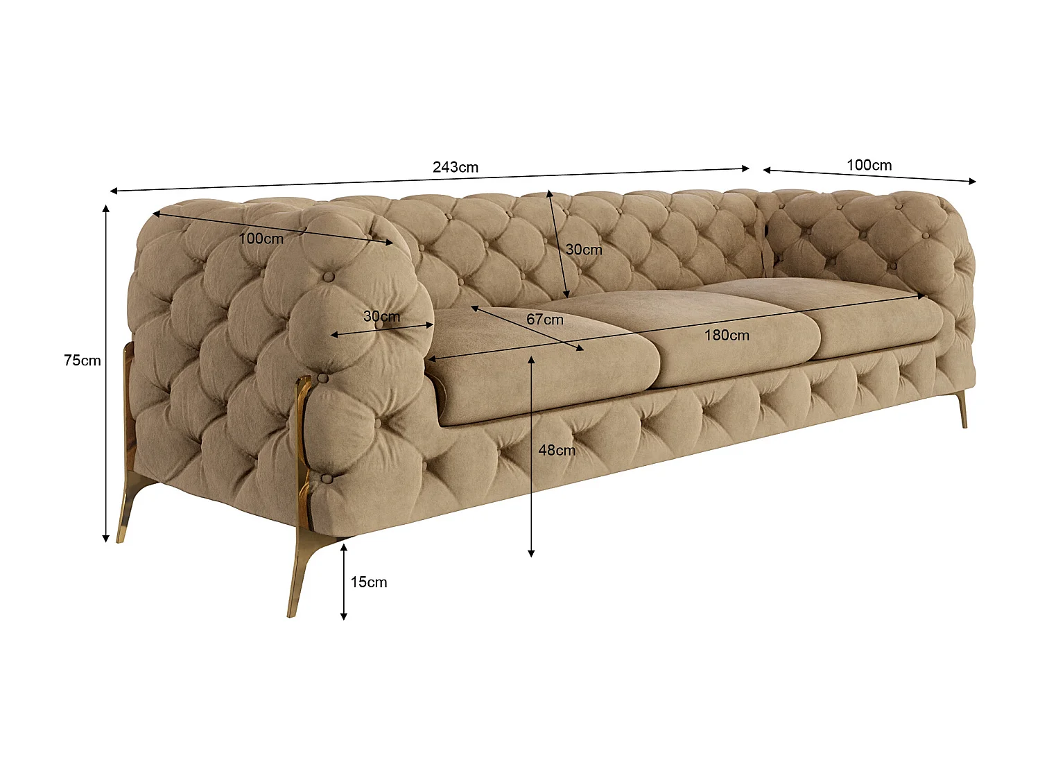 Ulysses 3-Sitzer Chesterfield Sofa mit Goldene Metall Füßen