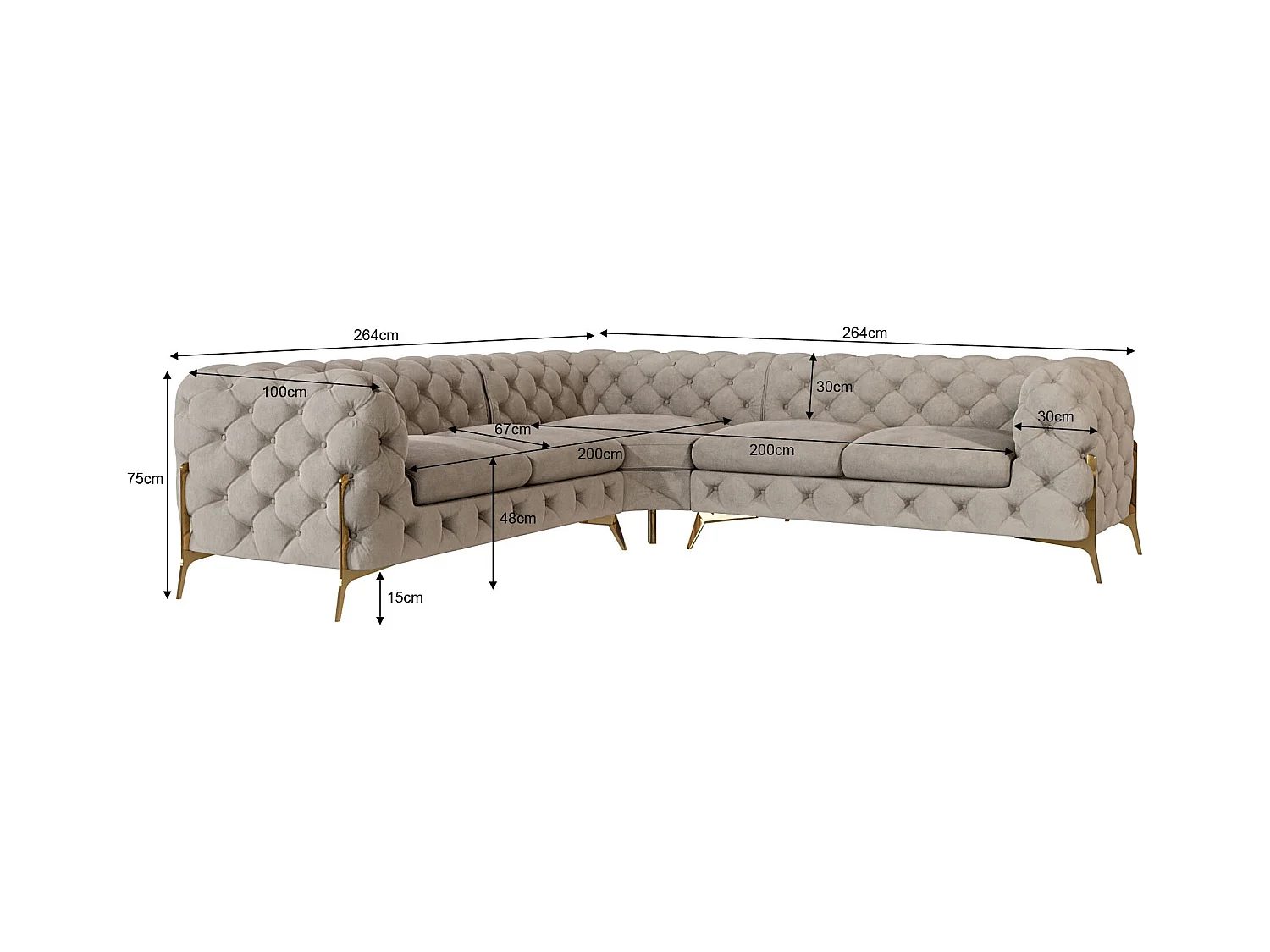 Ecksofa Chesterfield Ulysses mit Goldene Metall Füßen