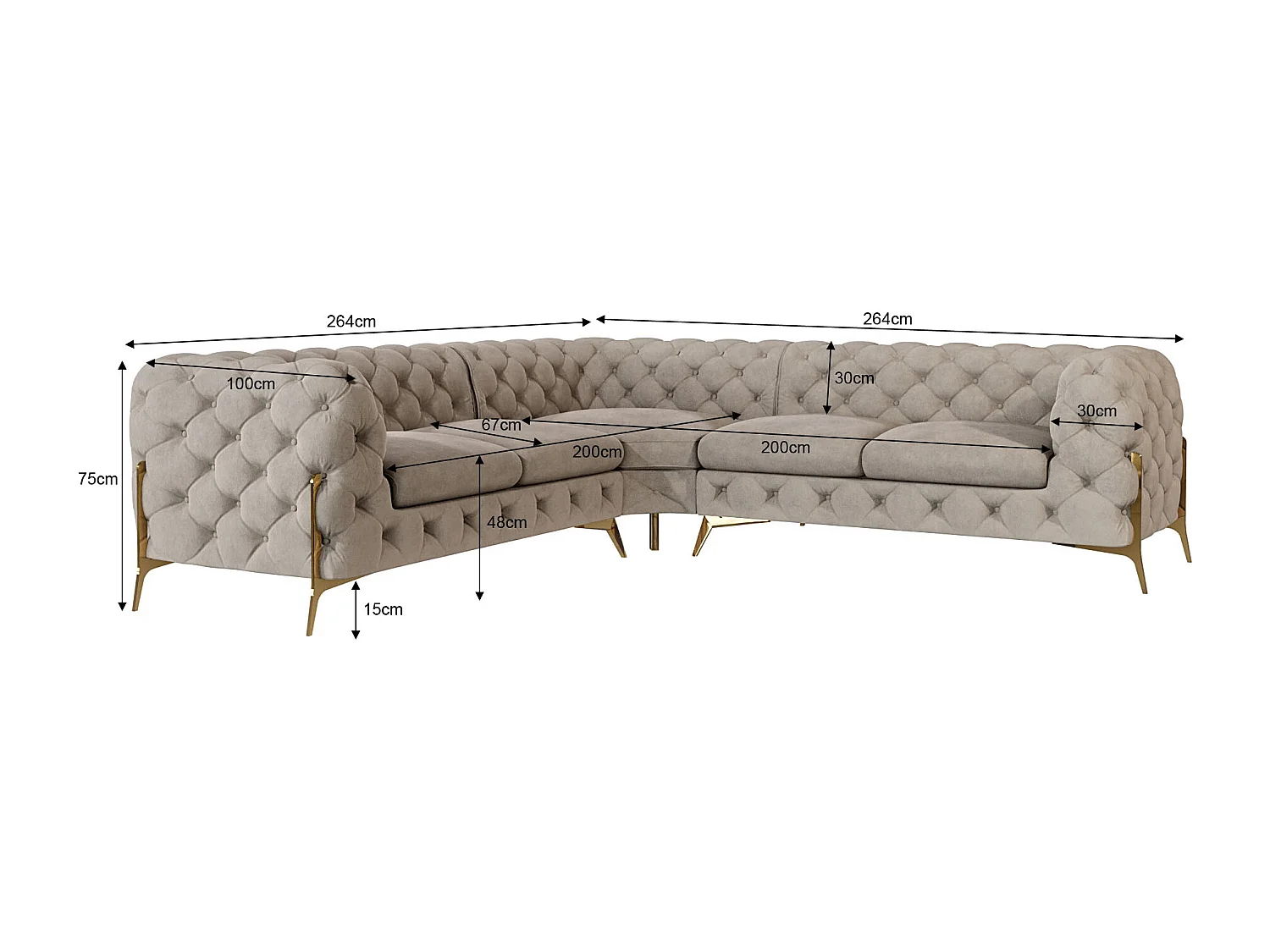 Ecksofa Chesterfield Ulysses mit Goldene Metall Füßen