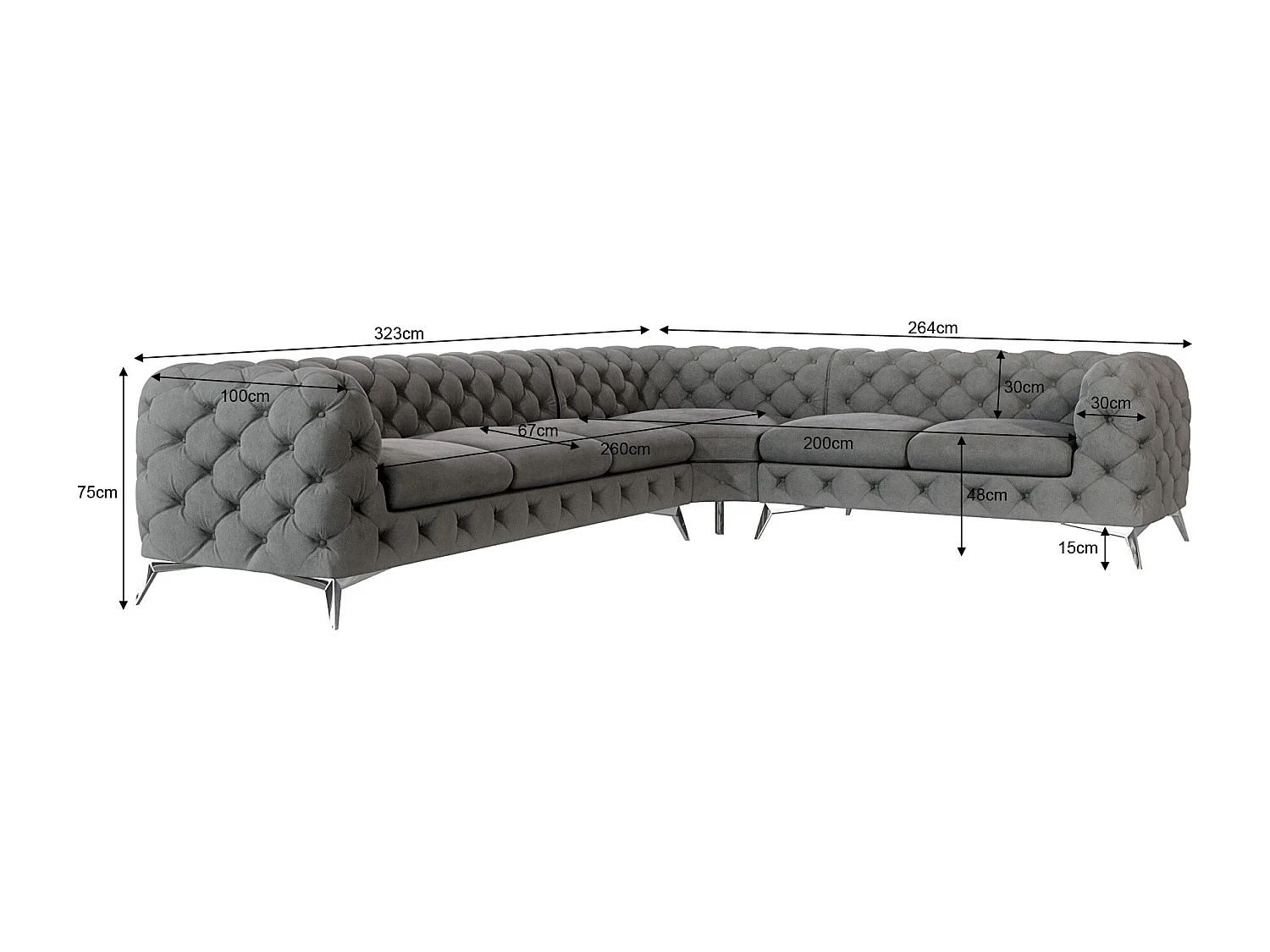 Ecksofa Chesterfield Celeste mit Silber Metall Füßen