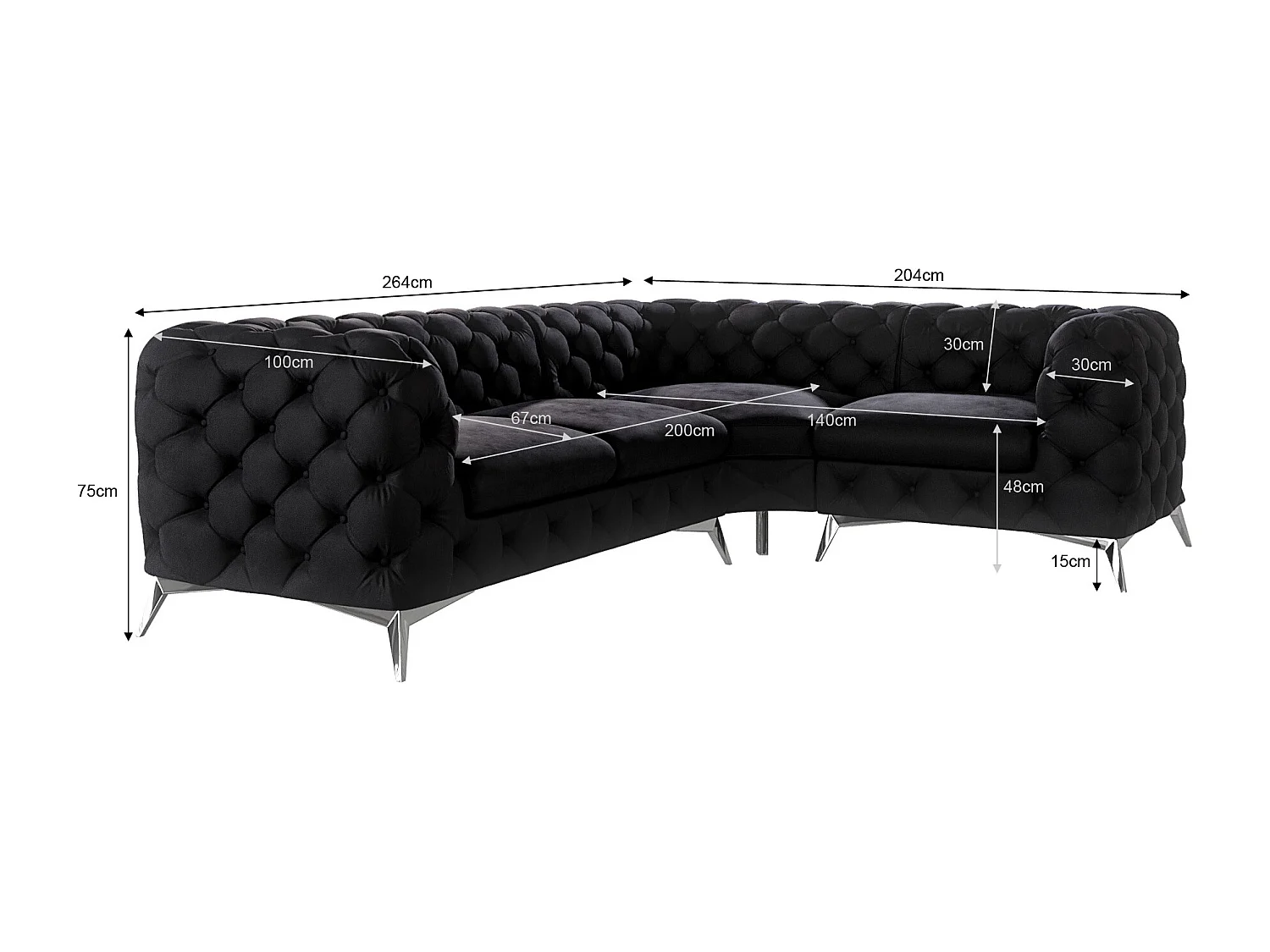 Ecksofa mit Ottomane Chesterfield Celeste mit Silber Metall Füßen