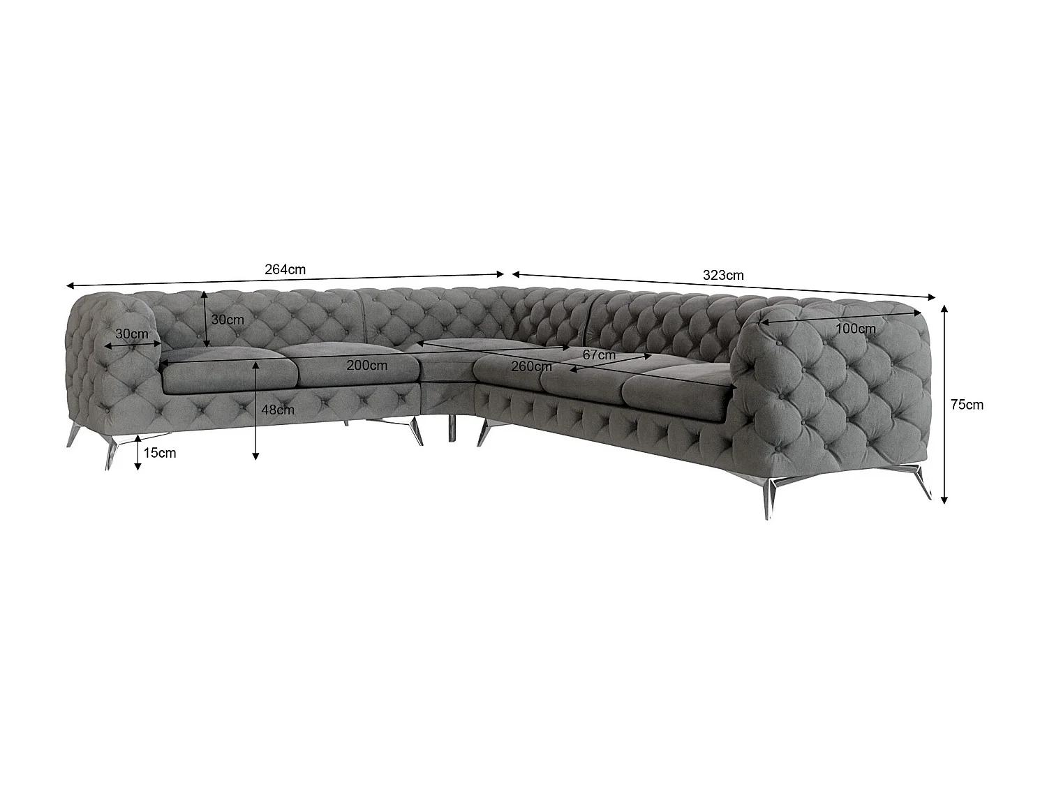 Ecksofa Chesterfield Celeste mit Silber Metall Füßen
