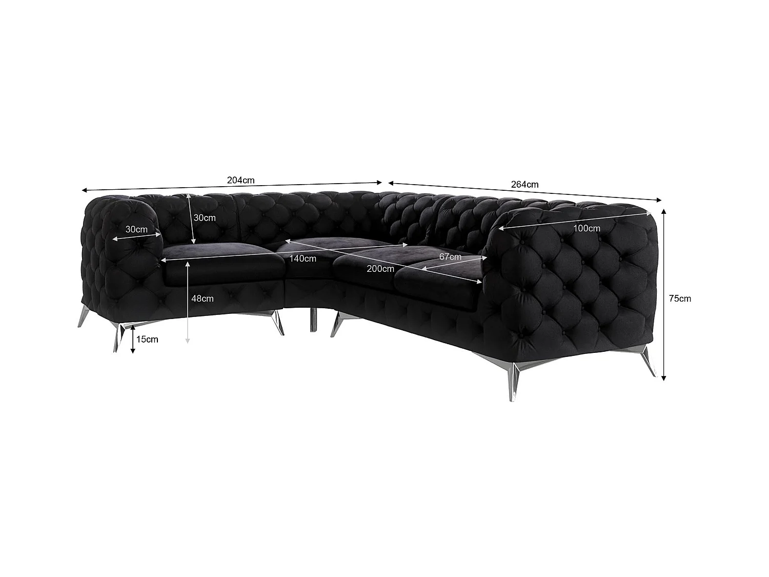 Ecksofa mit Ottomane Chesterfield Celeste mit Silber Metall Füßen