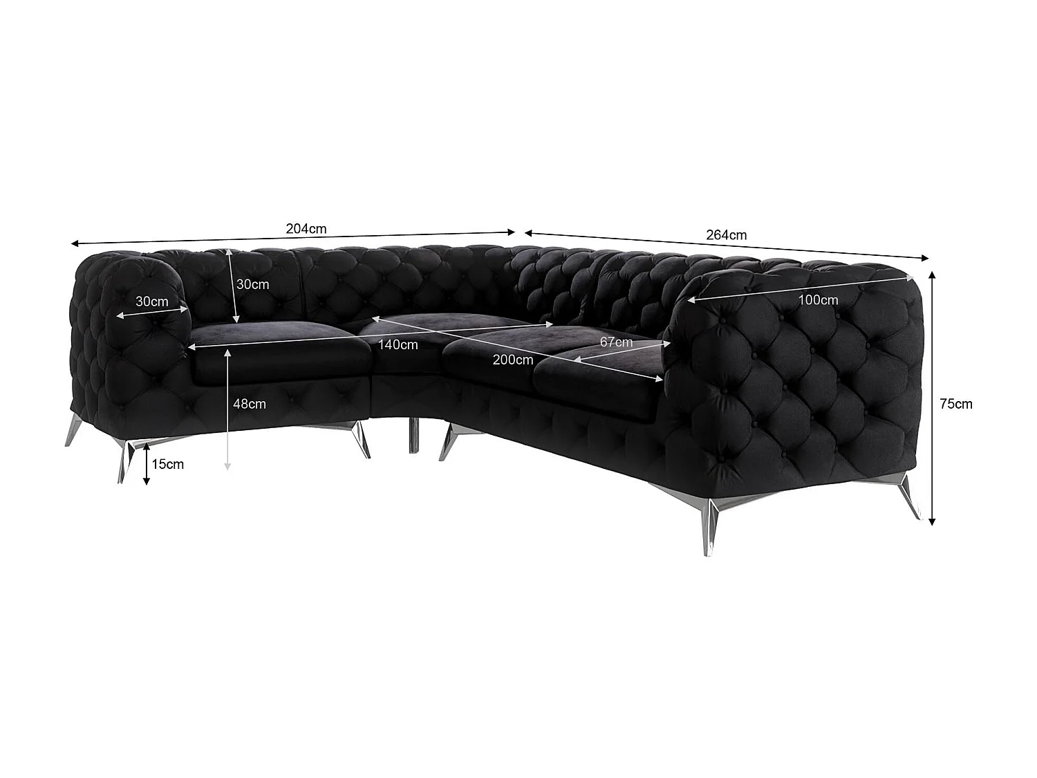 Ecksofa mit Ottomane Chesterfield Celeste mit Silber Metall Füßen