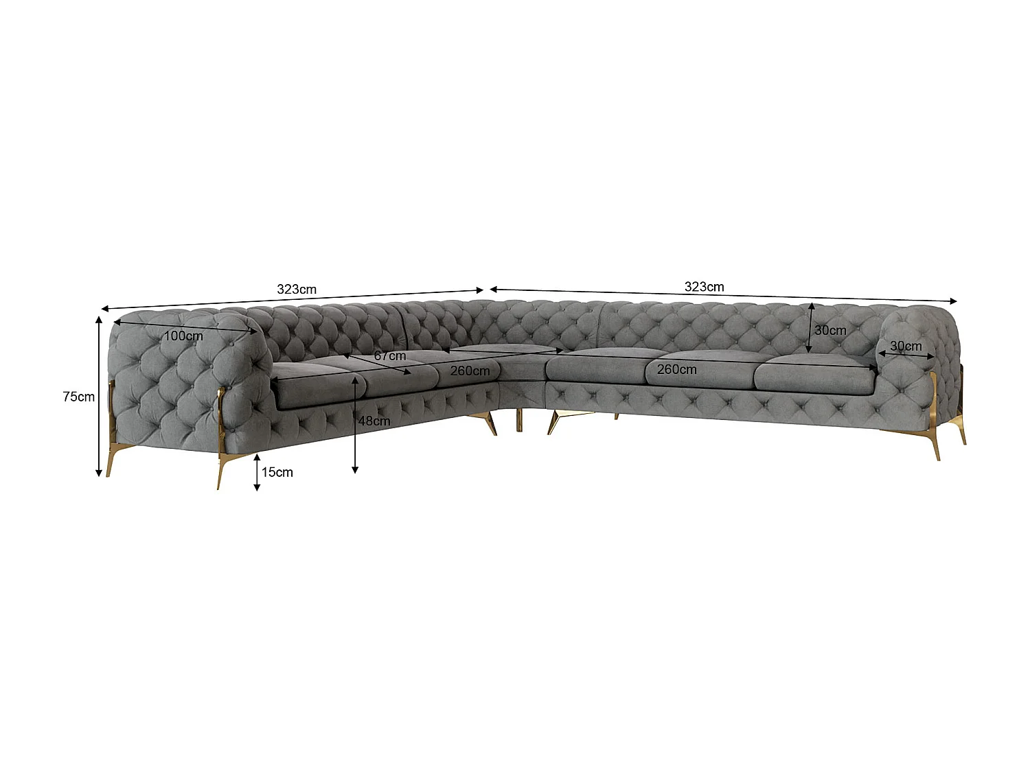Ecksofa Chesterfield Ulysses mit Goldene Metall Füßen