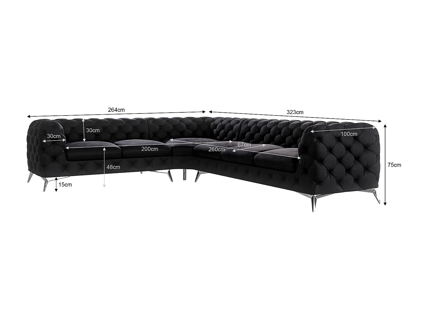 Ecksofa Chesterfield Celeste mit Silber Metall Füßen