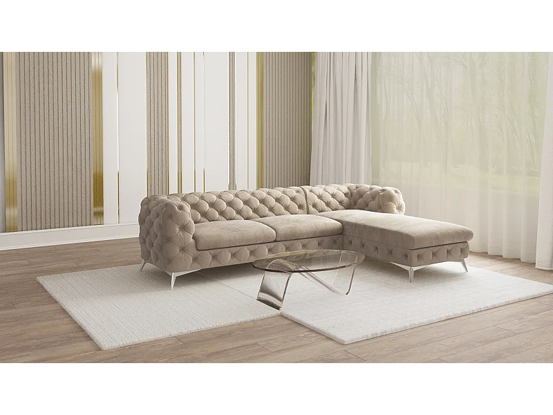 Ecksofa mit Ottomane Chesterfield Celeste mit Silber Metall Füßen