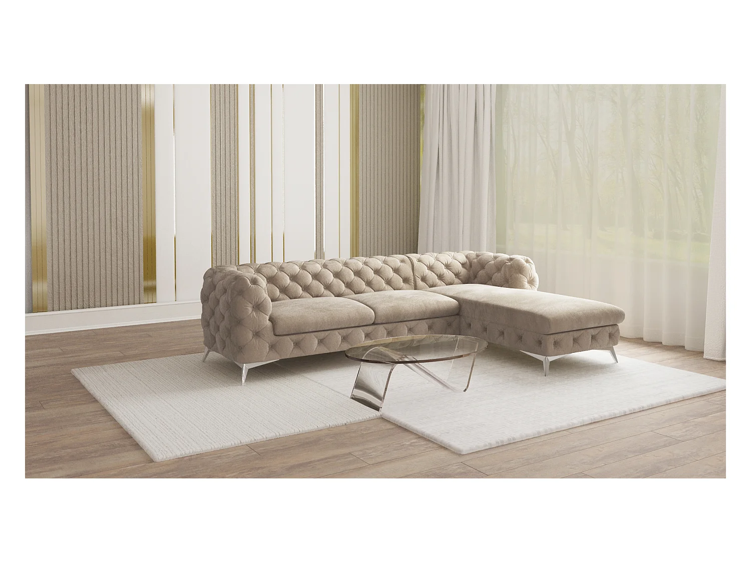 Ecksofa mit Ottomane Chesterfield Celeste mit Silber Metall Füßen