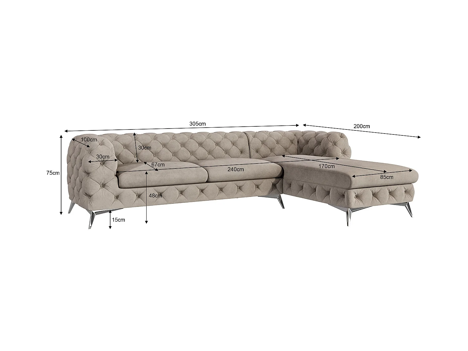 Ecksofa mit Ottomane Chesterfield Celeste mit Silber Metall Füßen