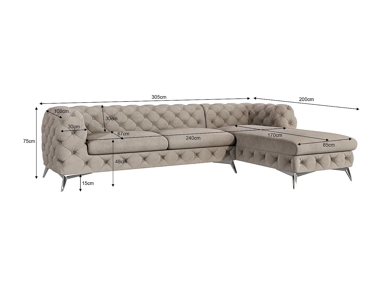 Ecksofa mit Ottomane Chesterfield Celeste mit Silber Metall Füßen