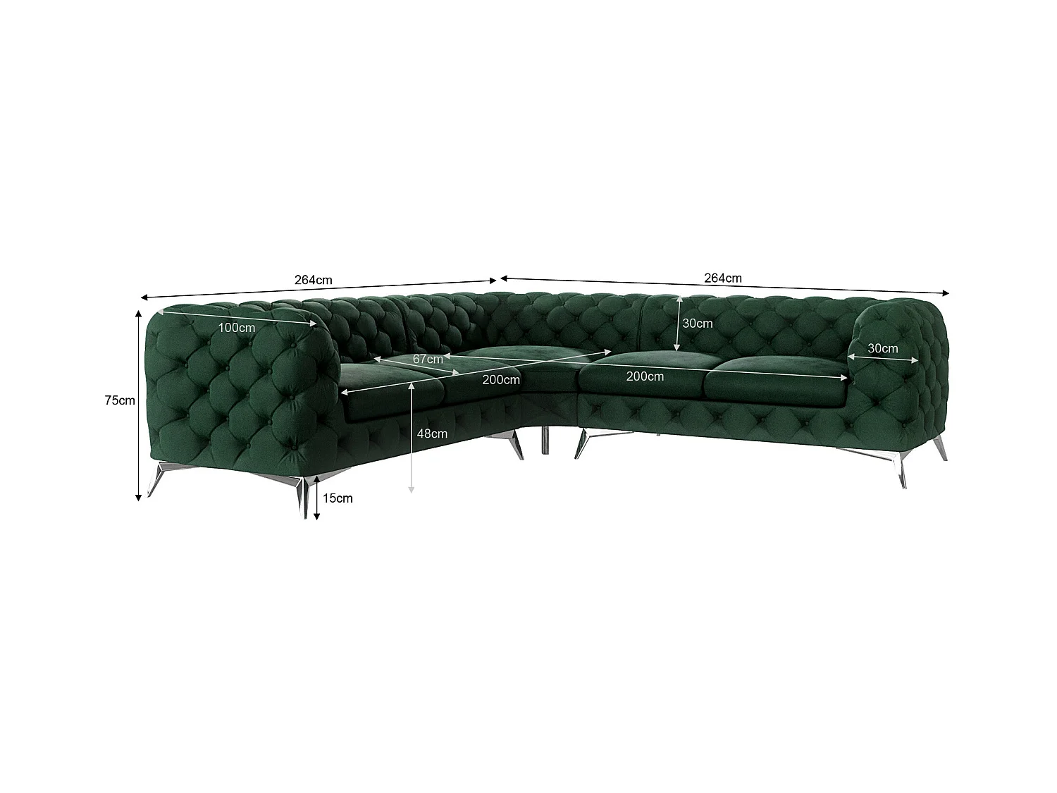 Ecksofa Chesterfield Celeste mit Silber Metall Füßen