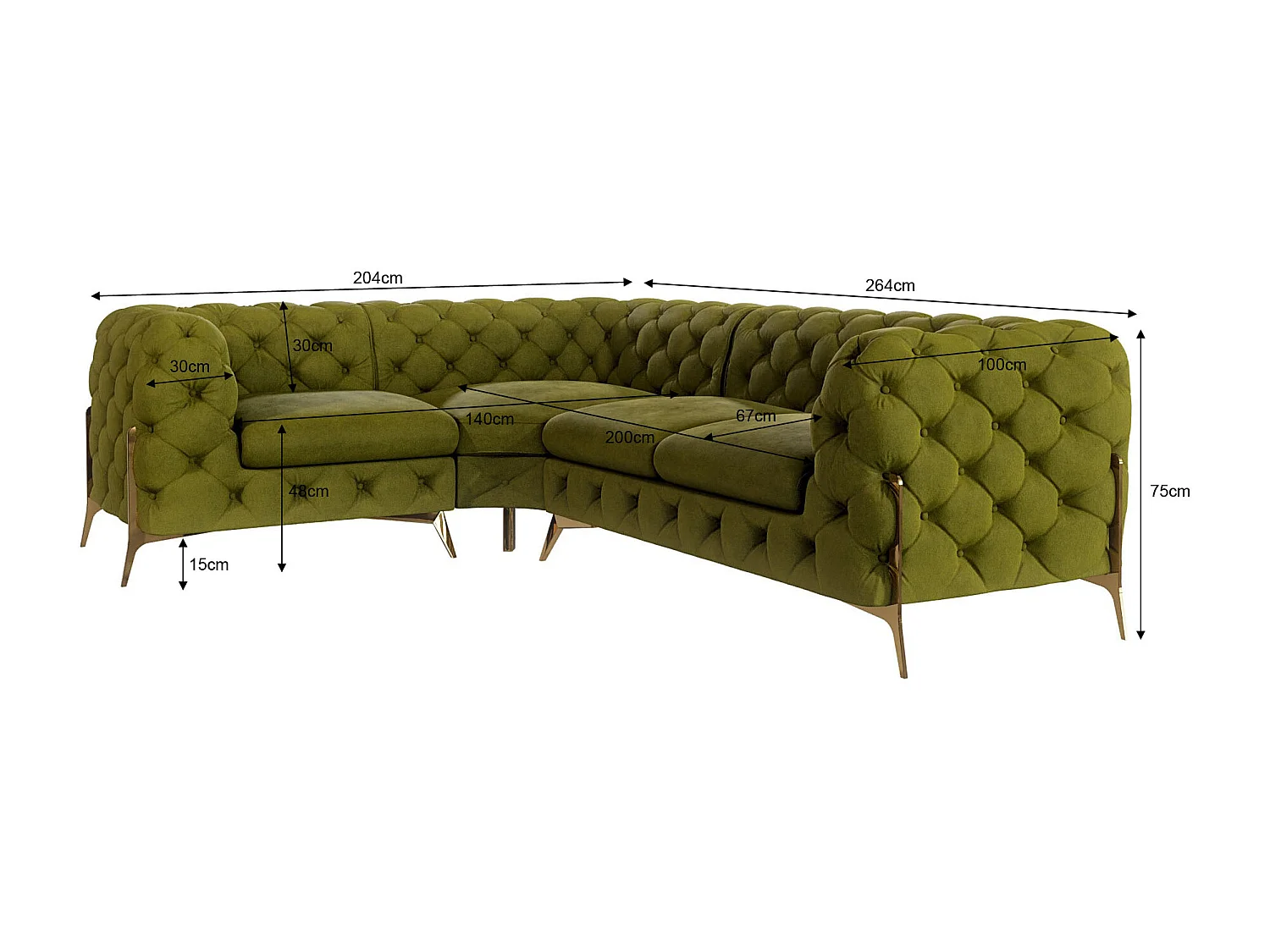 Ecksofa Chesterfield Ulysses mit Goldene Metall Füßen