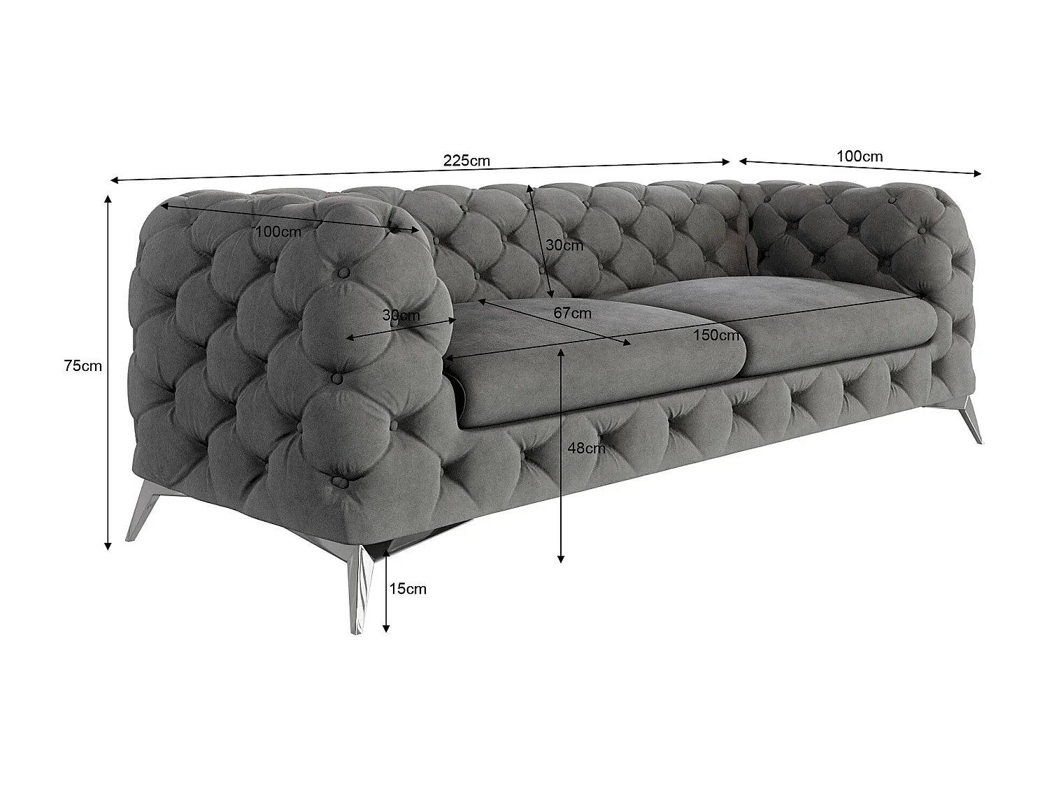 Celeste 3-Sitzer Chesterfield Sofa mit Silber Metall Füßen