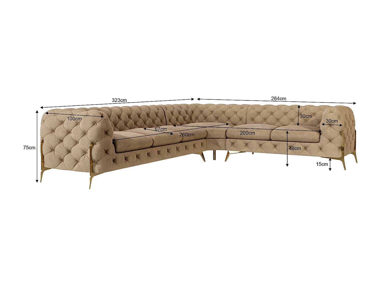 Ecksofa Chesterfield Ulysses mit Goldene Metall Füßen