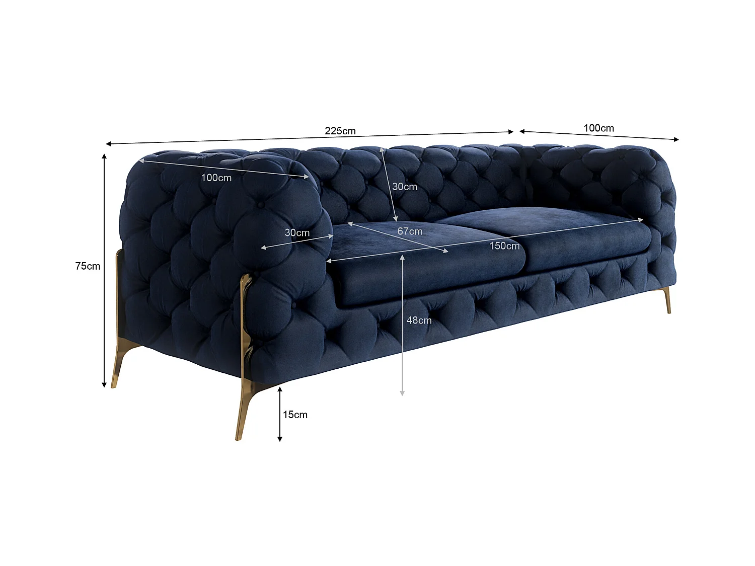 Ulysses 3-Sitzer Chesterfield Sofa mit Goldene Metall Füßen