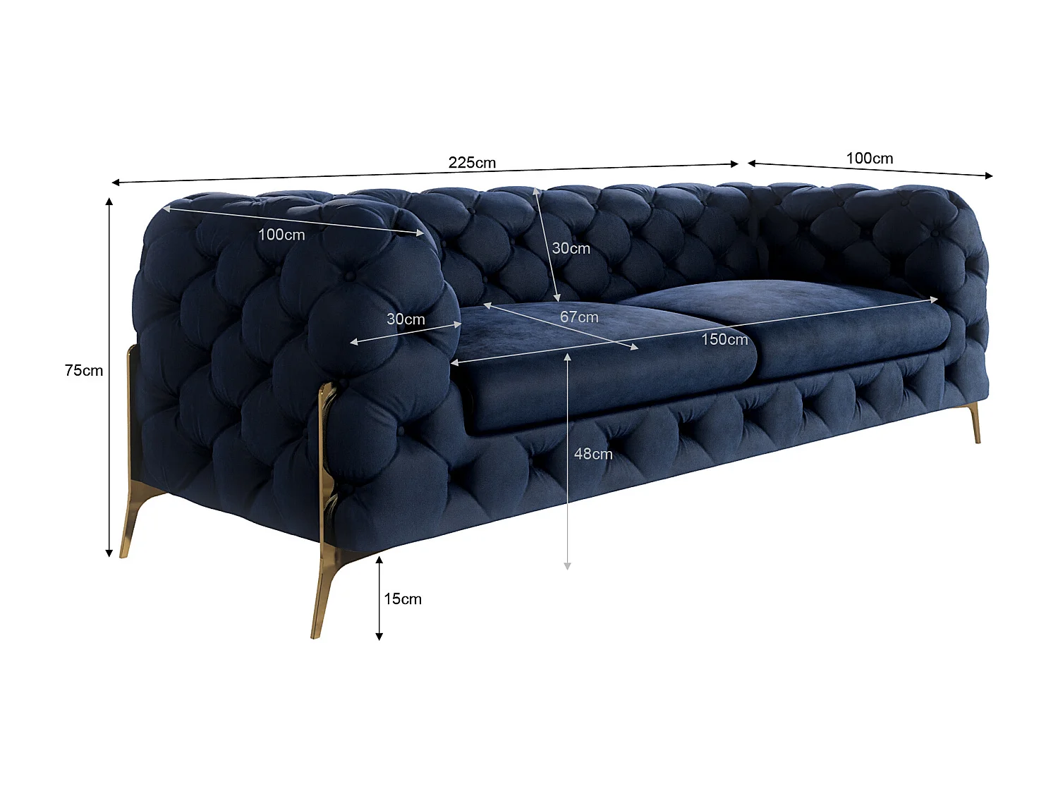 Ulysses 3-Sitzer Chesterfield Sofa mit Goldene Metall Füßen