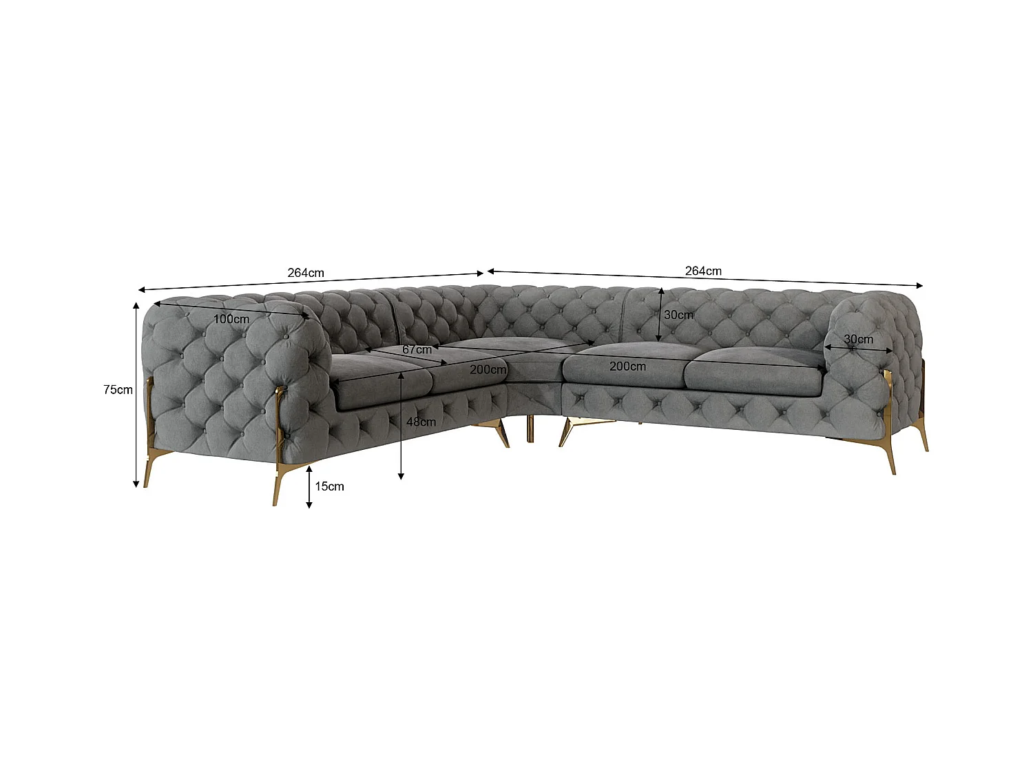 Ecksofa Chesterfield Ulysses mit Goldene Metall Füßen