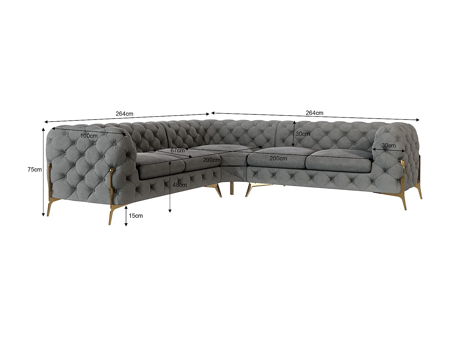 Ecksofa Chesterfield Ulysses mit Goldene Metall Füßen