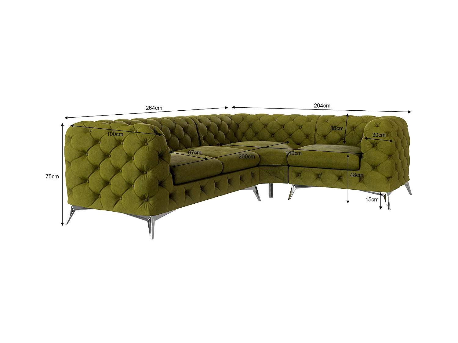 Ecksofa mit Ottomane Chesterfield Celeste mit Silber Metall Füßen