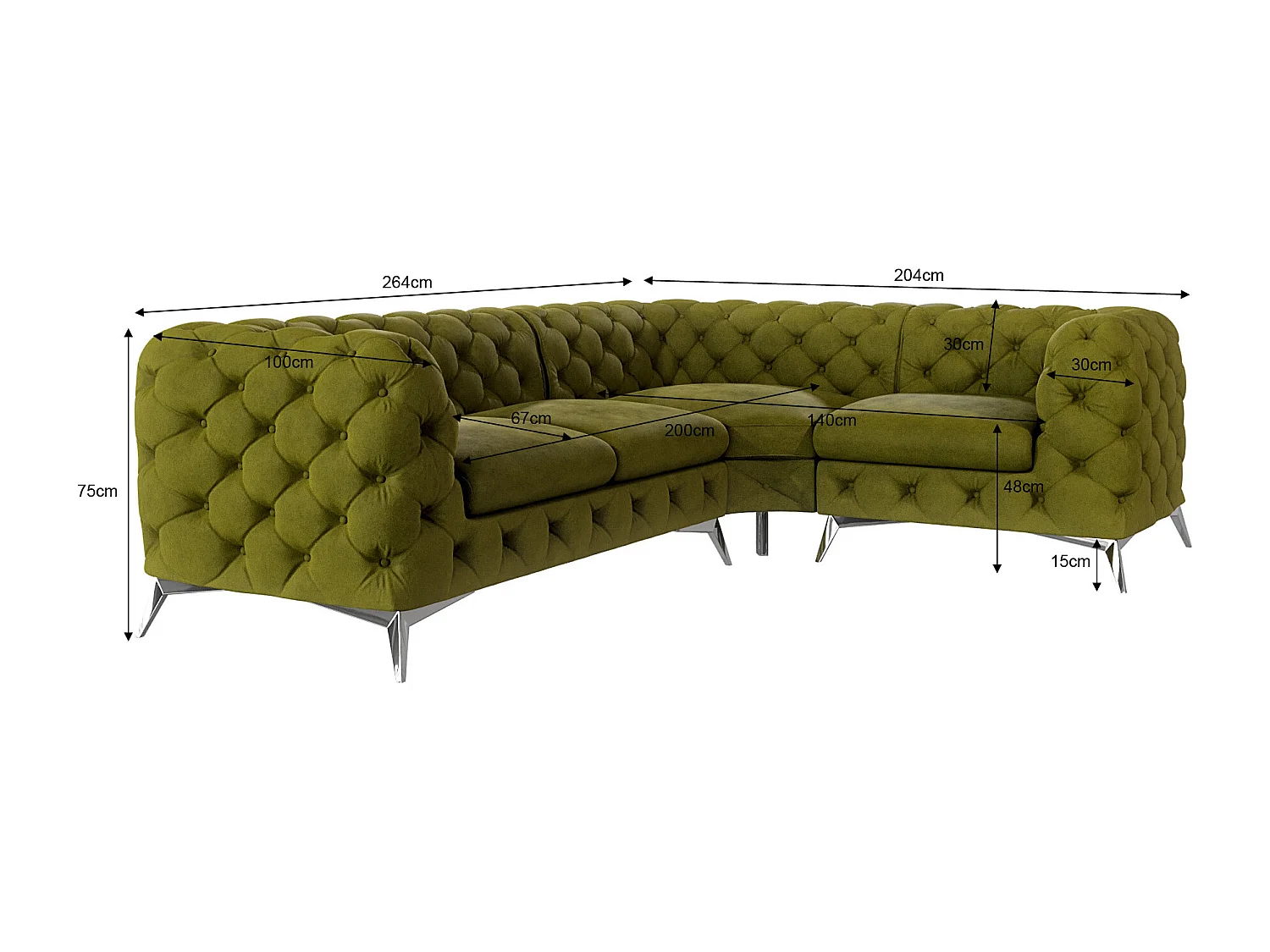 Ecksofa mit Ottomane Chesterfield Celeste mit Silber Metall Füßen