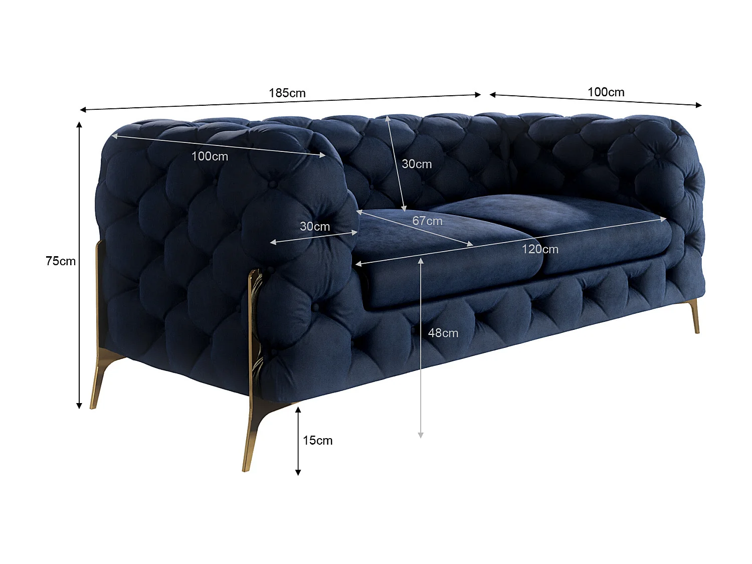 Ulysses 2-Sitzer Chesterfield Sofa mit Goldene Metall Füßen