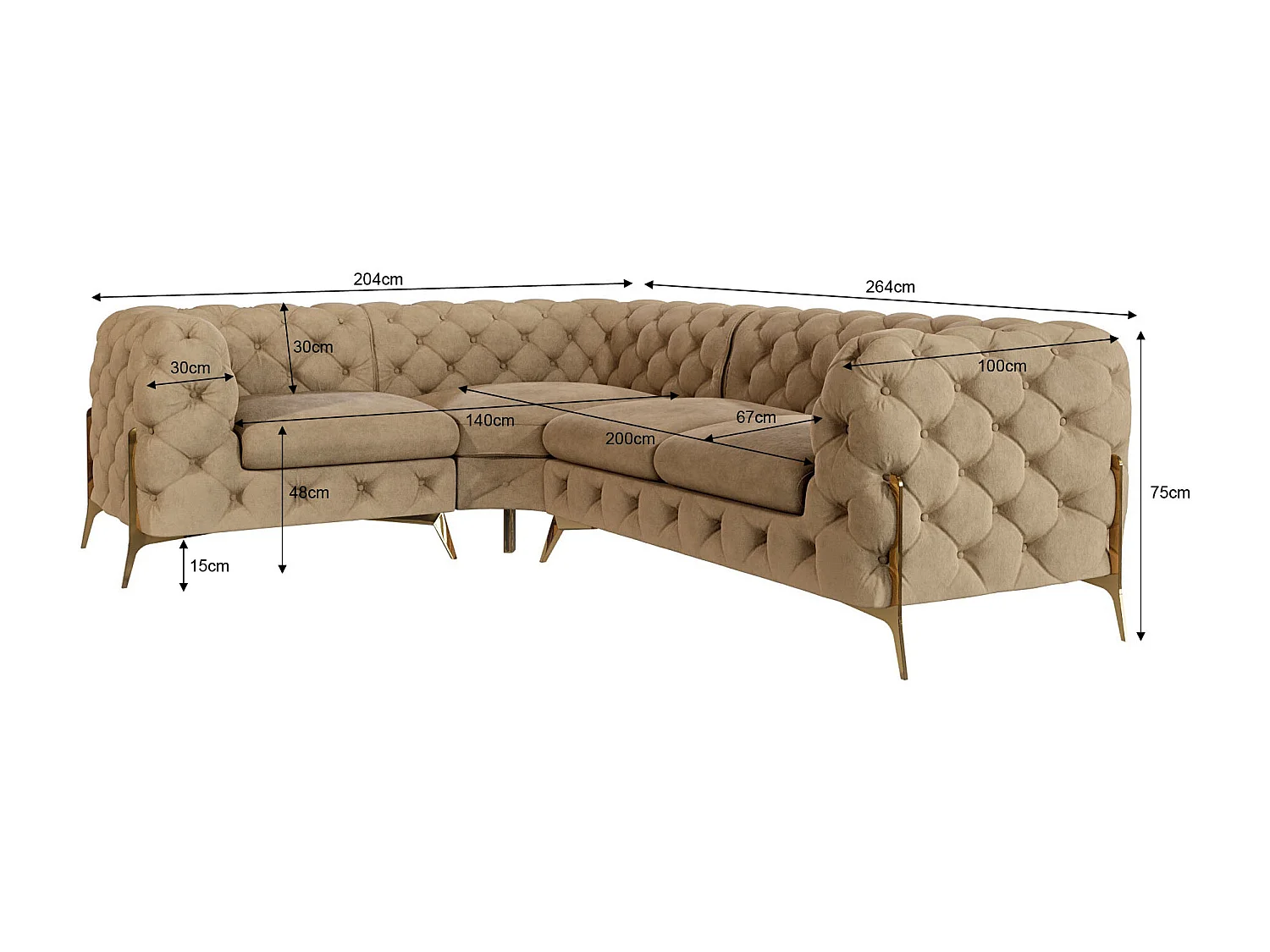 Ecksofa Chesterfield Ulysses mit Goldene Metall Füßen