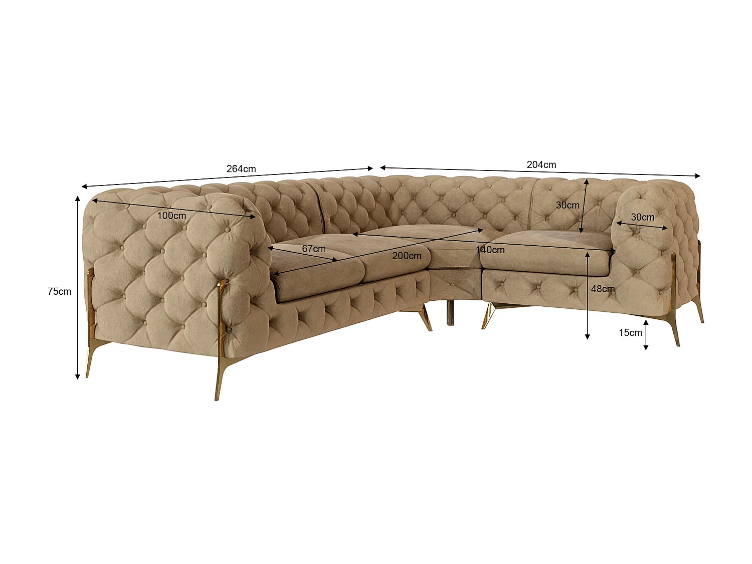 Ecksofa Chesterfield Ulysses mit Goldene Metall Füßen