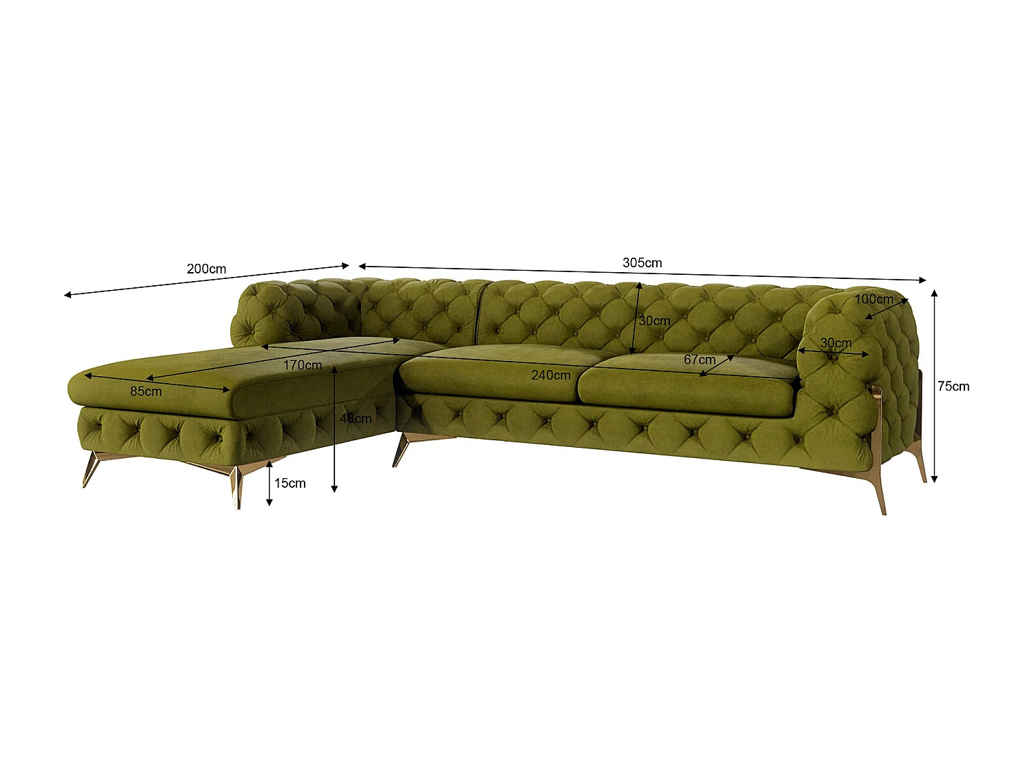 Ecksofa mit Ottomane Chesterfield Ulysses mit Goldene Metall Füßen
